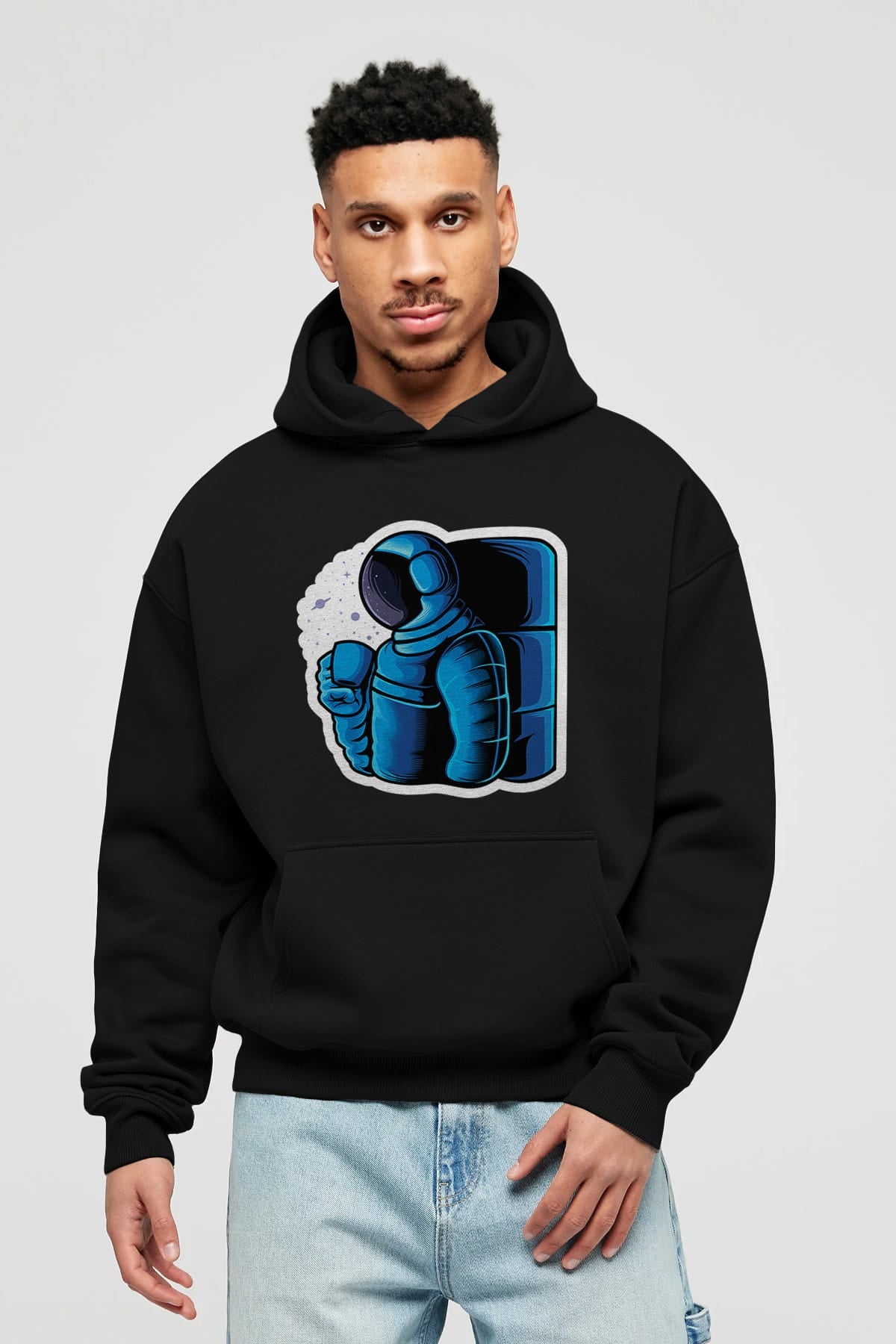 Drinking coffee in space sticker Ön Baskılı Hoodie Oversize Kapüşonlu Sweatshirt Erkek Kadın Unisex