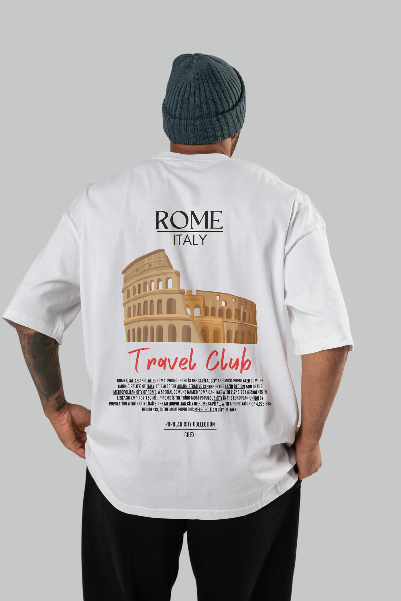 Roma İtaly Arka Baskılı Oversize t-shirt Erkek Kadın Pamuk Bisiklet Yaka tişort