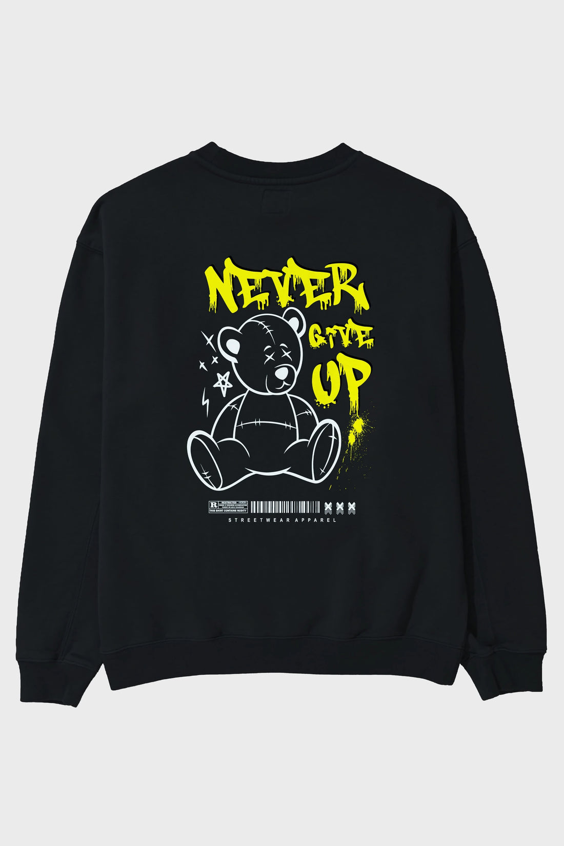 Teddy Bear Never Give Up Arka Baskılı Oversize Sweatshirt Erkek Kadın Unisex