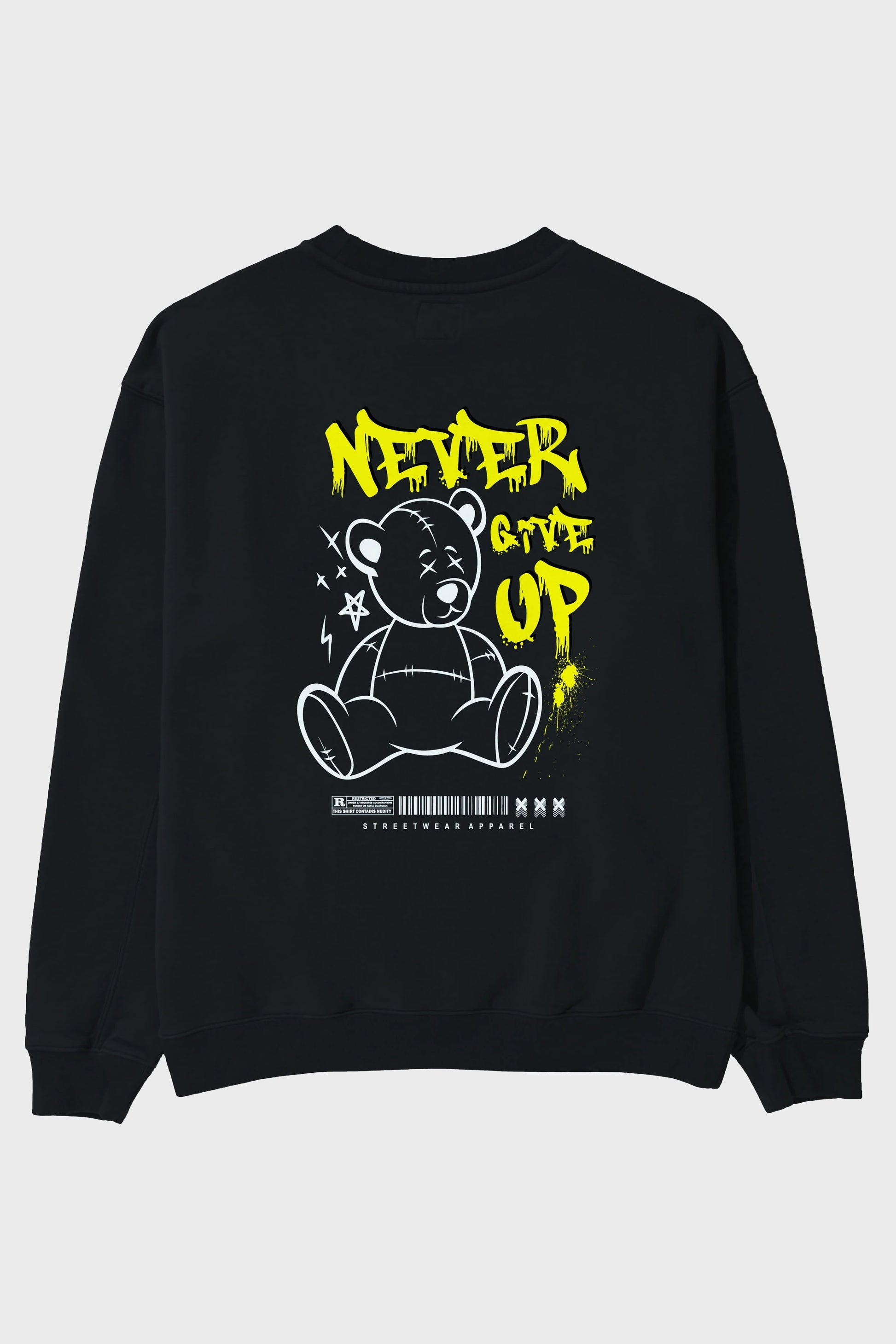 Teddy Bear Never Give Up Arka Baskılı Oversize Sweatshirt Erkek Kadın Unisex