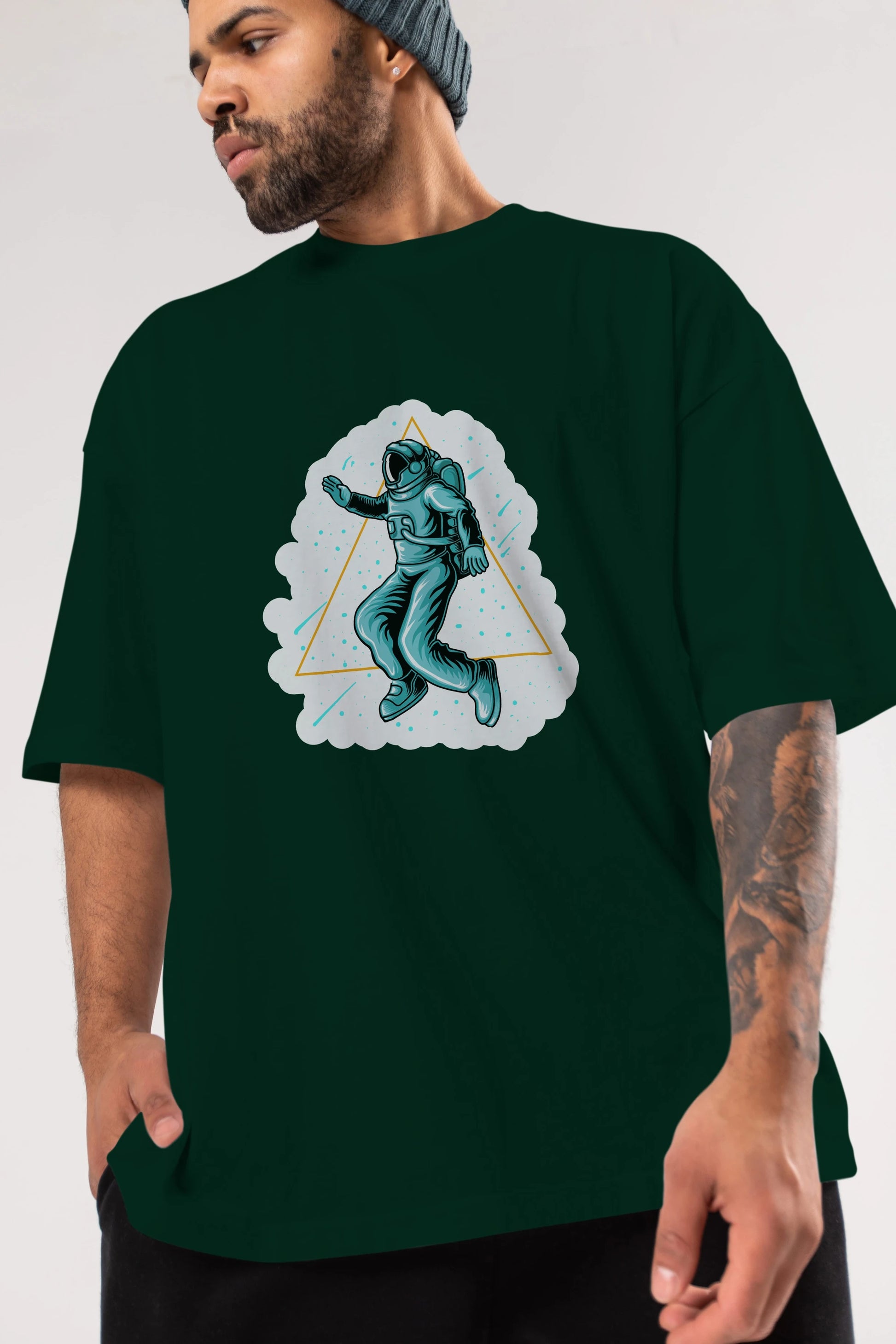 Astronaut Starry Triangle Sticker Ön Baskılı Oversize t-shirt Erkek Kadın Unisex