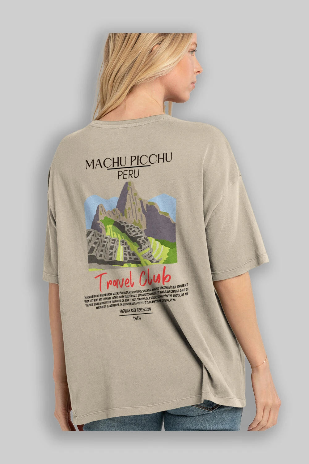 Machu Picchu Peru Arka Baskılı Oversize t-shirt Erkek Kadın Pamuk Bisiklet Yaka tişort