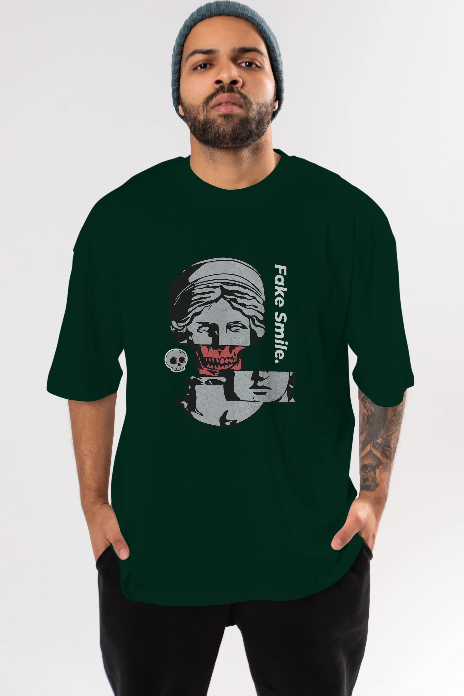 Fake Smile Yazılı Ön Baskılı Oversize t-shirt Erkek Kadın Unisex