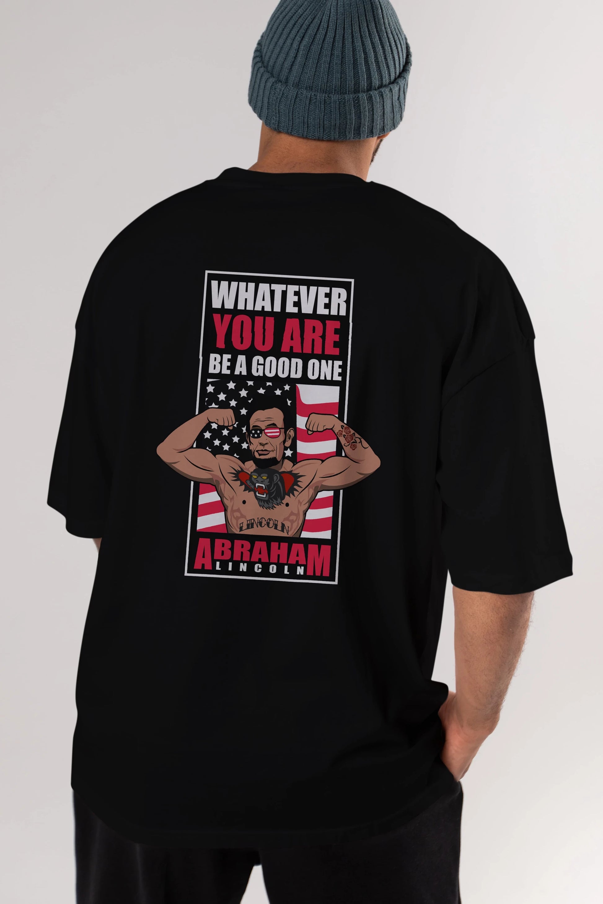 Lincoln Fighter Arka Baskılı Oversize t-shirt Erkek Kadın Unisex %100 Pamuk tişort