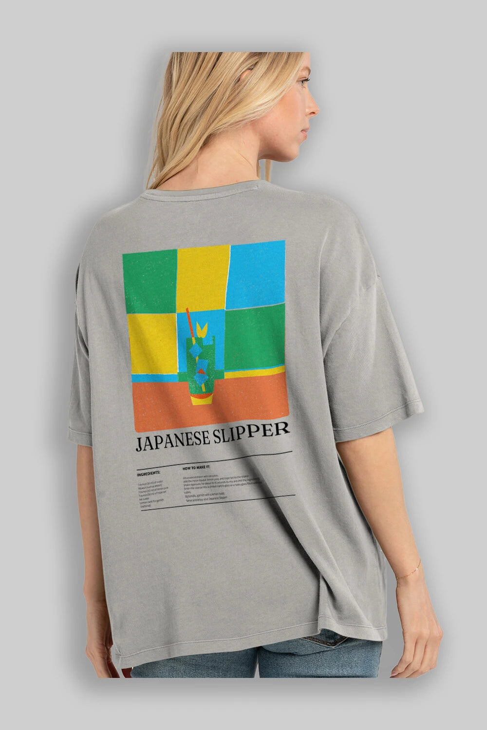 Japanese Slipper Kokteyl Serisi Arka Baskılı Oversize t-shirt Erkek Kadın %100 Pamuk Bisiklet Yaka tişort
