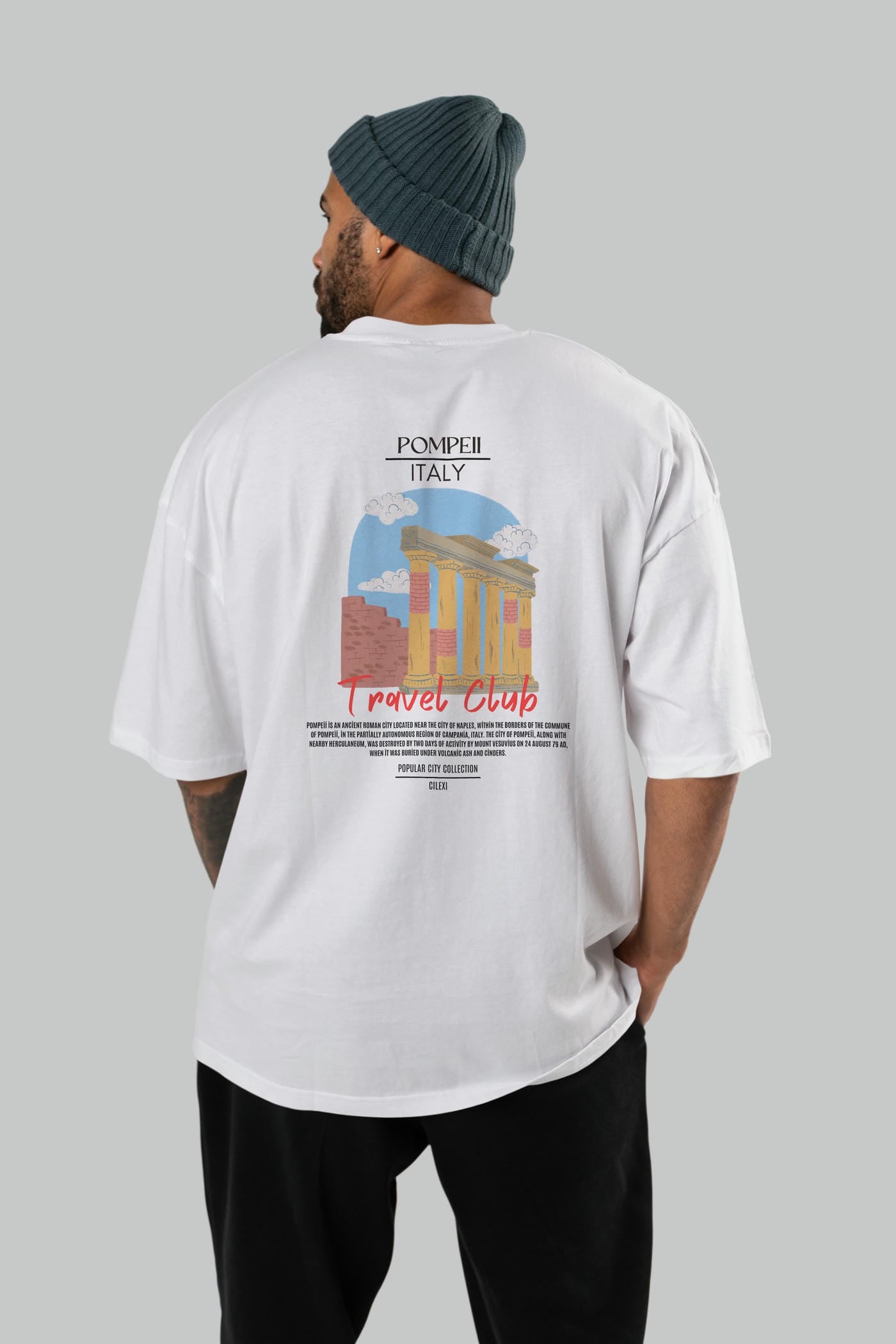 Pompeii İtaly Arka Baskılı Oversize t-shirt Erkek Kadın Pamuk Bisiklet Yaka tişort