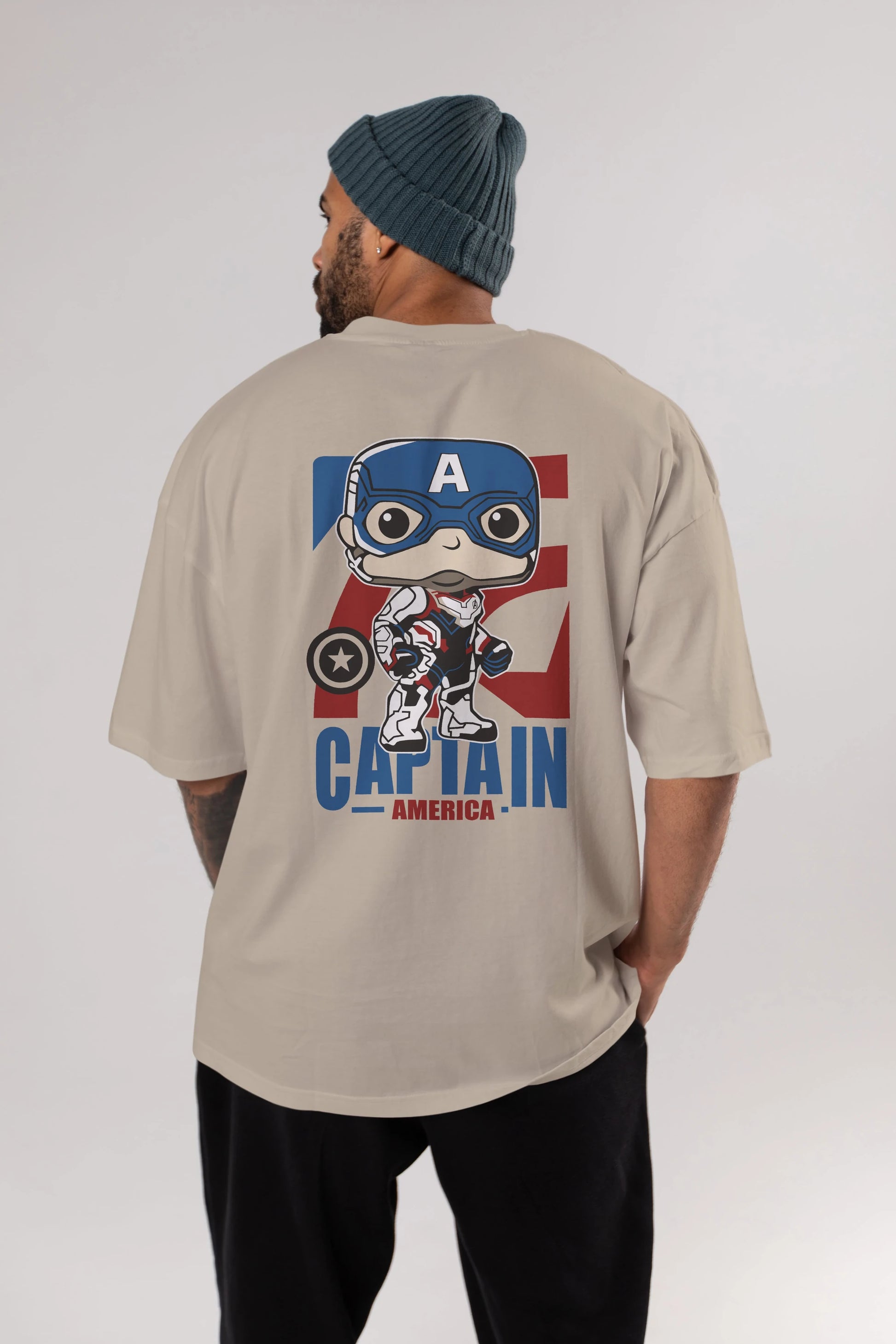 Captain America Arka Baskılı Oversize t-shirt Erkek Kadın Unisex %100 Pamuk Bisiklet Yaka tişort
