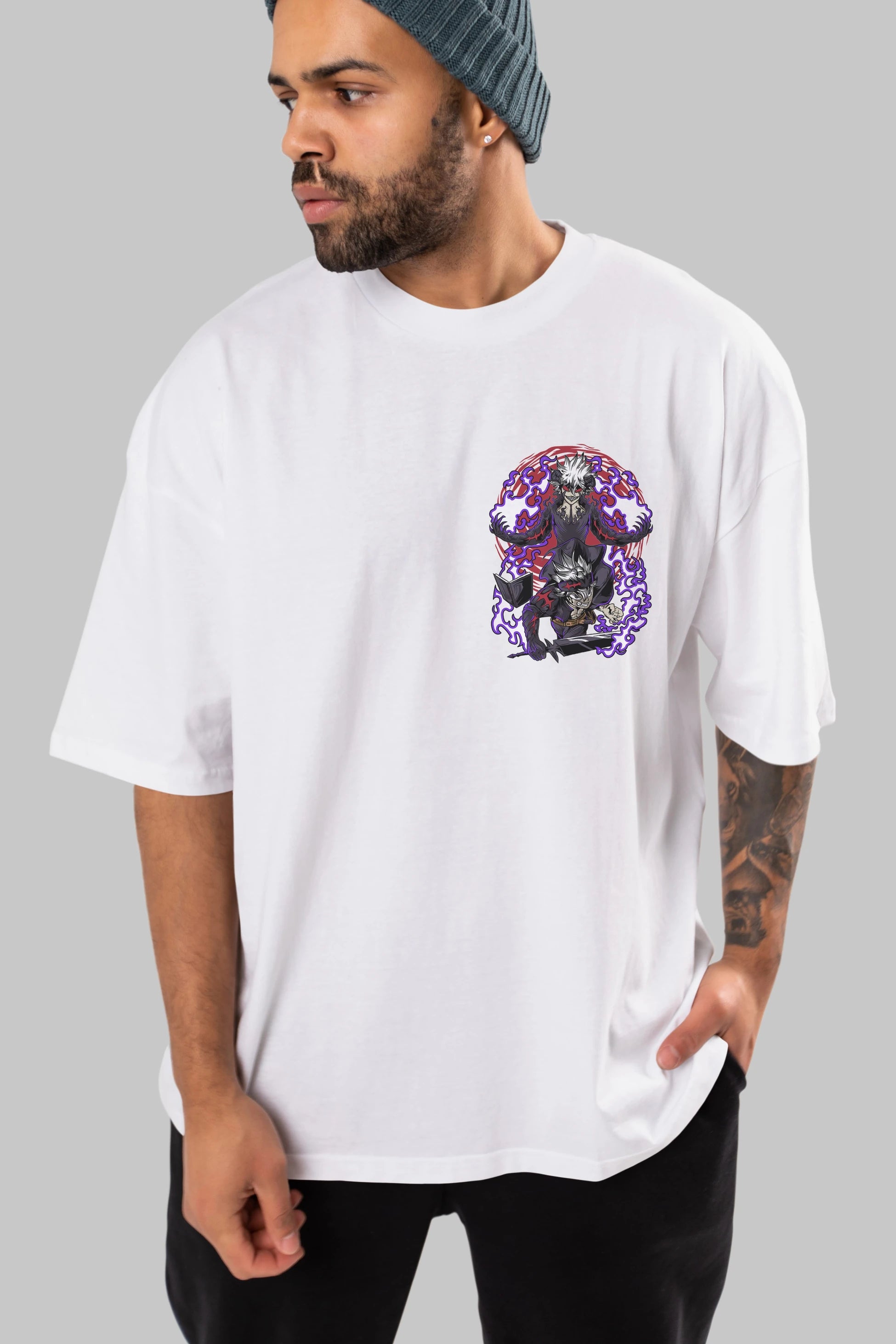 BLACK CLOVER DEVIL UNION Ön Sol Baskılı Oversize t-shirt Erkek Kadın Unisex %100 Pamuk Bisiklet Yaka tişort