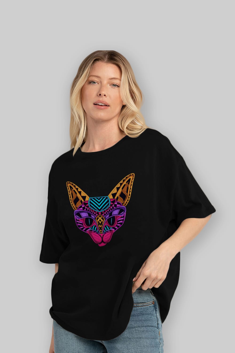 Black Neon Cat Ön Baskılı Oversize t-shirt Erkek Kadın Unisex
