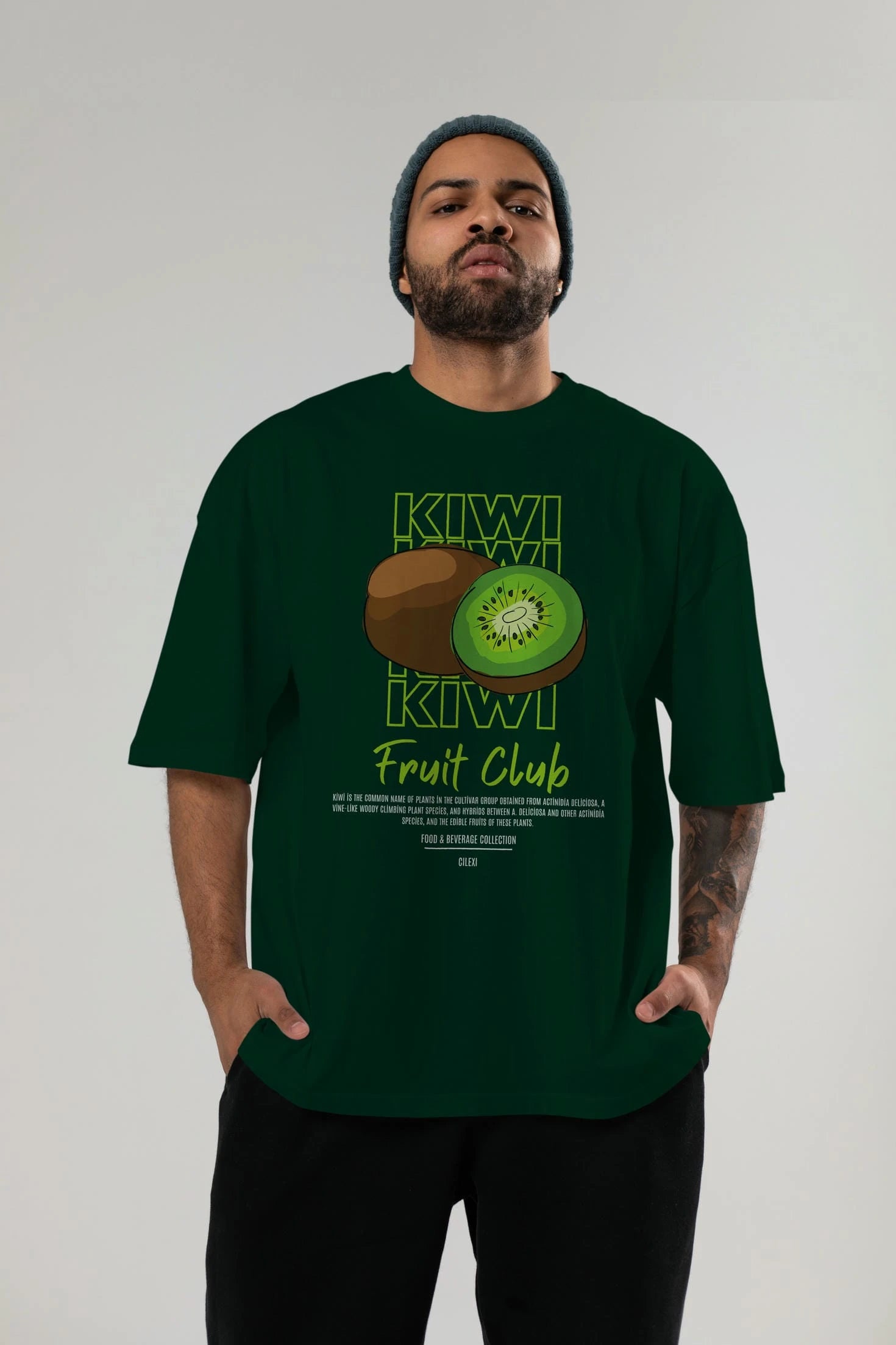 Kiwi Ön Baskılı Oversize t-shirt Erkek Kadın Pamuk Bisiklet Yaka tişort