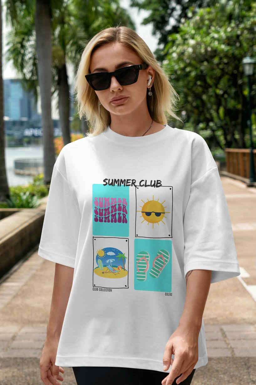 Summer Club ön Baskılı Oversize t-shirt Erkek Kadın %100 Pamuk Bisiklet Yaka tişort