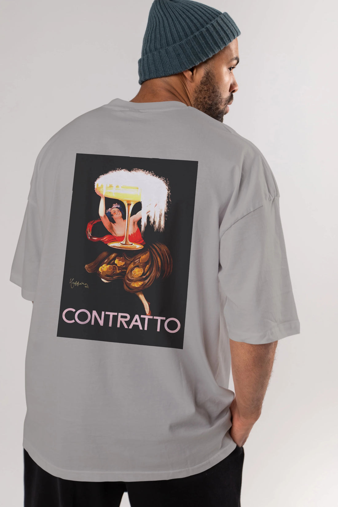 Contratto Arka Baskılı Oversize t-shirt Erkek Kadın Unisex %100 Pamuk Bisiklet Yaka tişort