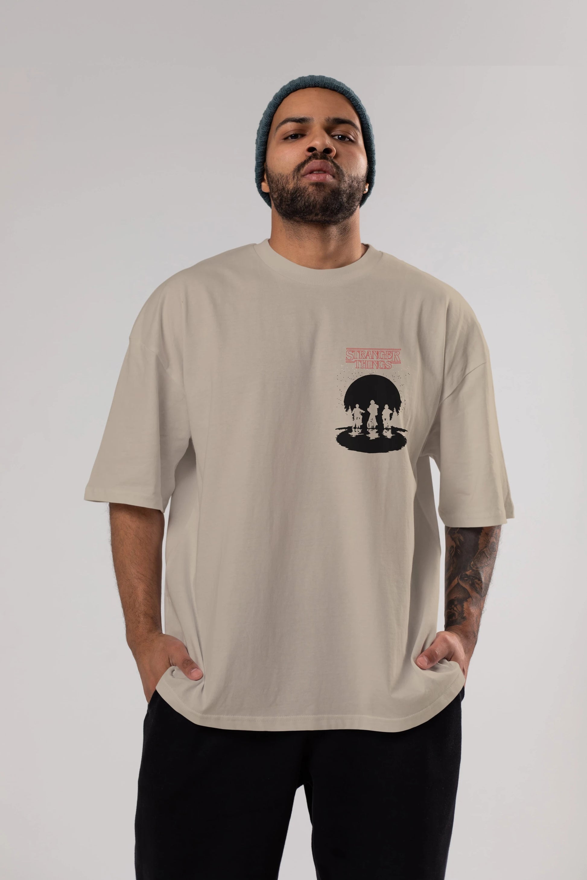 Stranger Things Ön Sol Baskılı Oversize t-shirt Erkek Kadın Unisex %100 Pamuk Bisiklet Yaka tişort