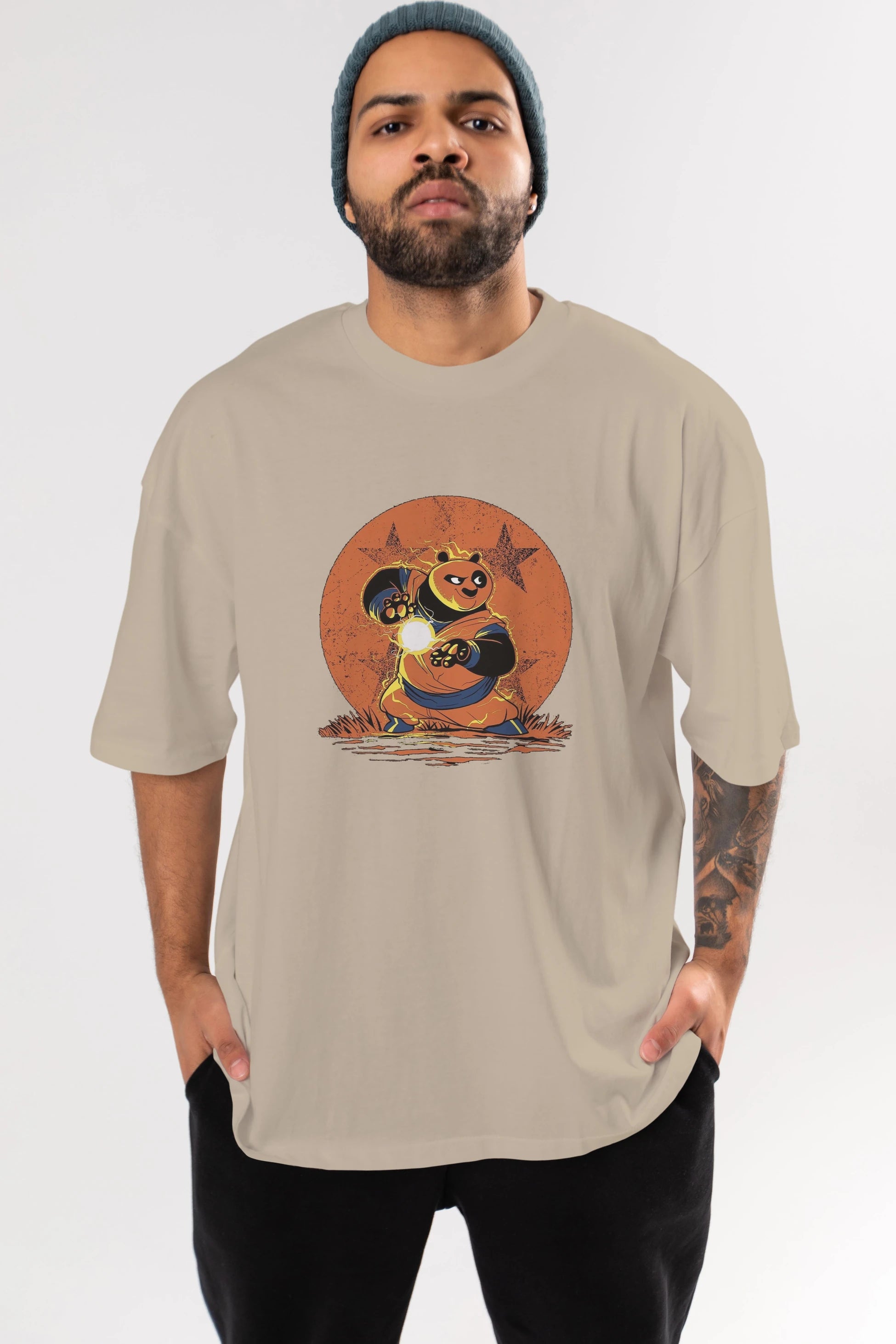 Kung Fu Panda Ön Baskılı Oversize t-shirt Erkek Kadın Unisex %100 Pamuk Bisiklet Yaka tişort