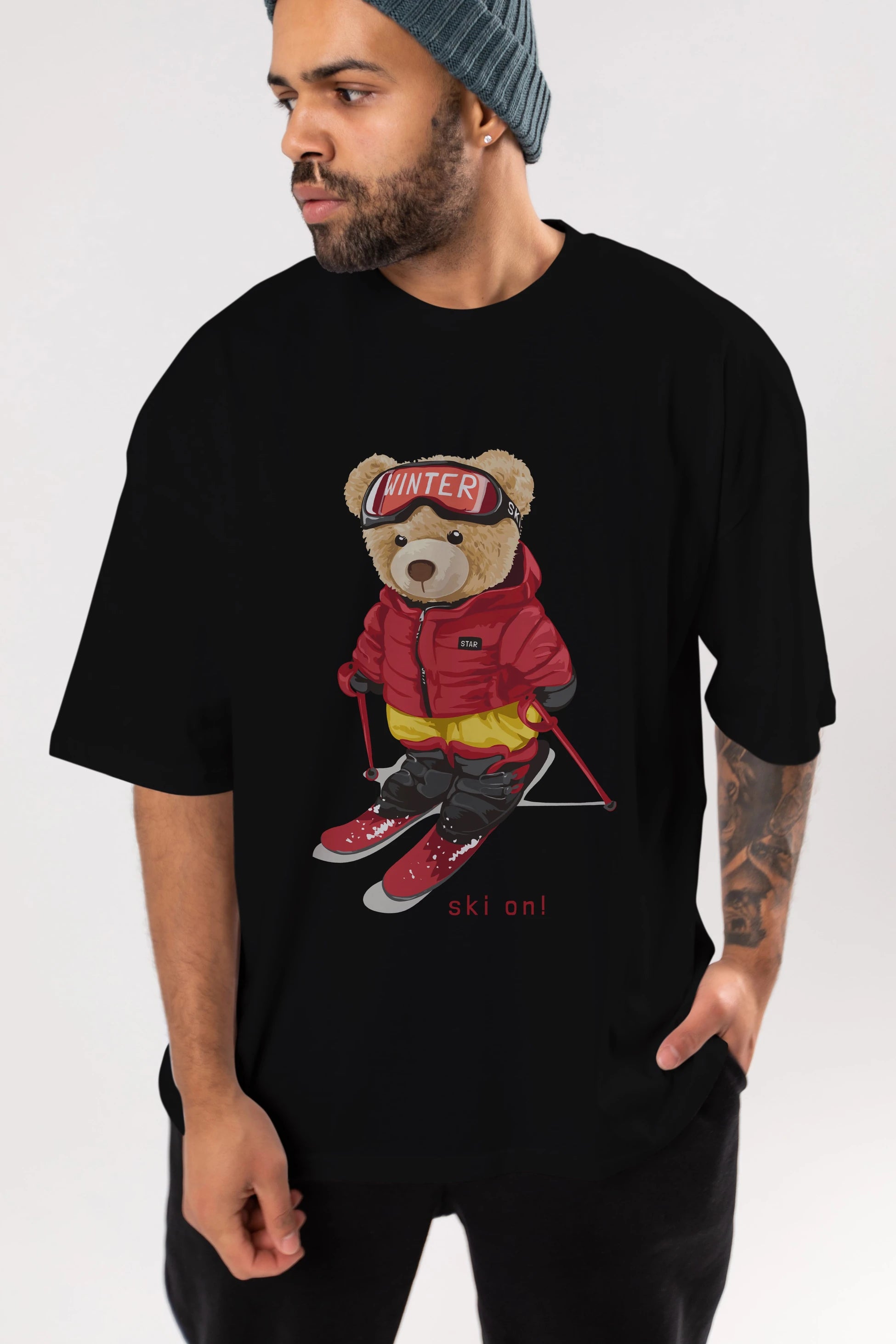 Teddy Bear Ski On Ön Baskılı Oversize t-shirt Erkek Kadın Unisex %100 Pamuk