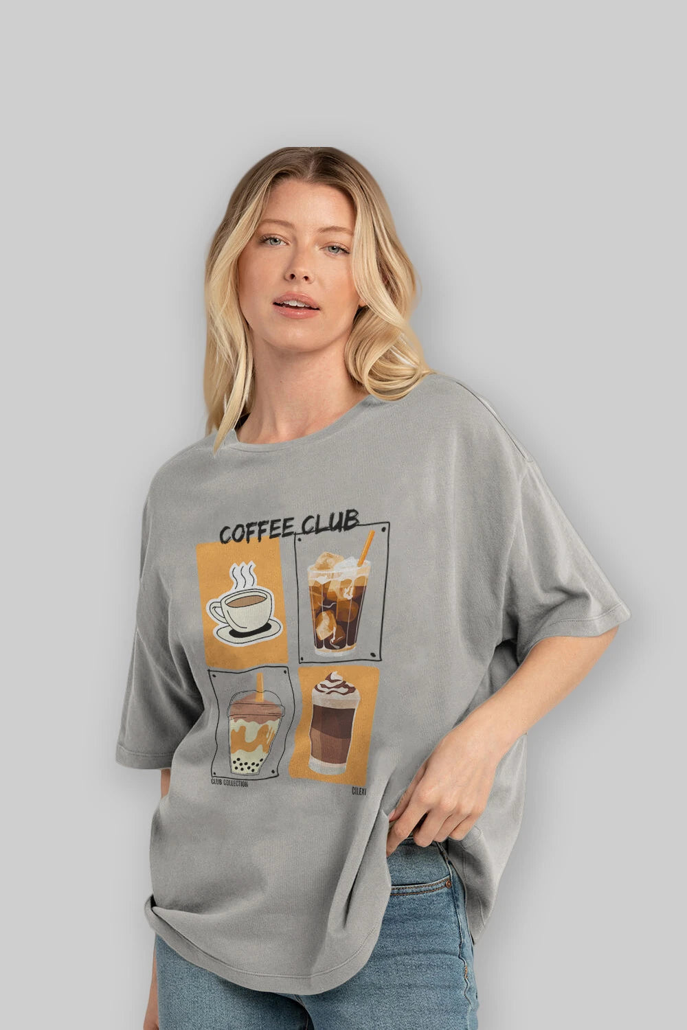 Coffee Club ön Baskılı Oversize t-shirt Erkek Kadın %100 Pamuk Bisiklet Yaka tişort