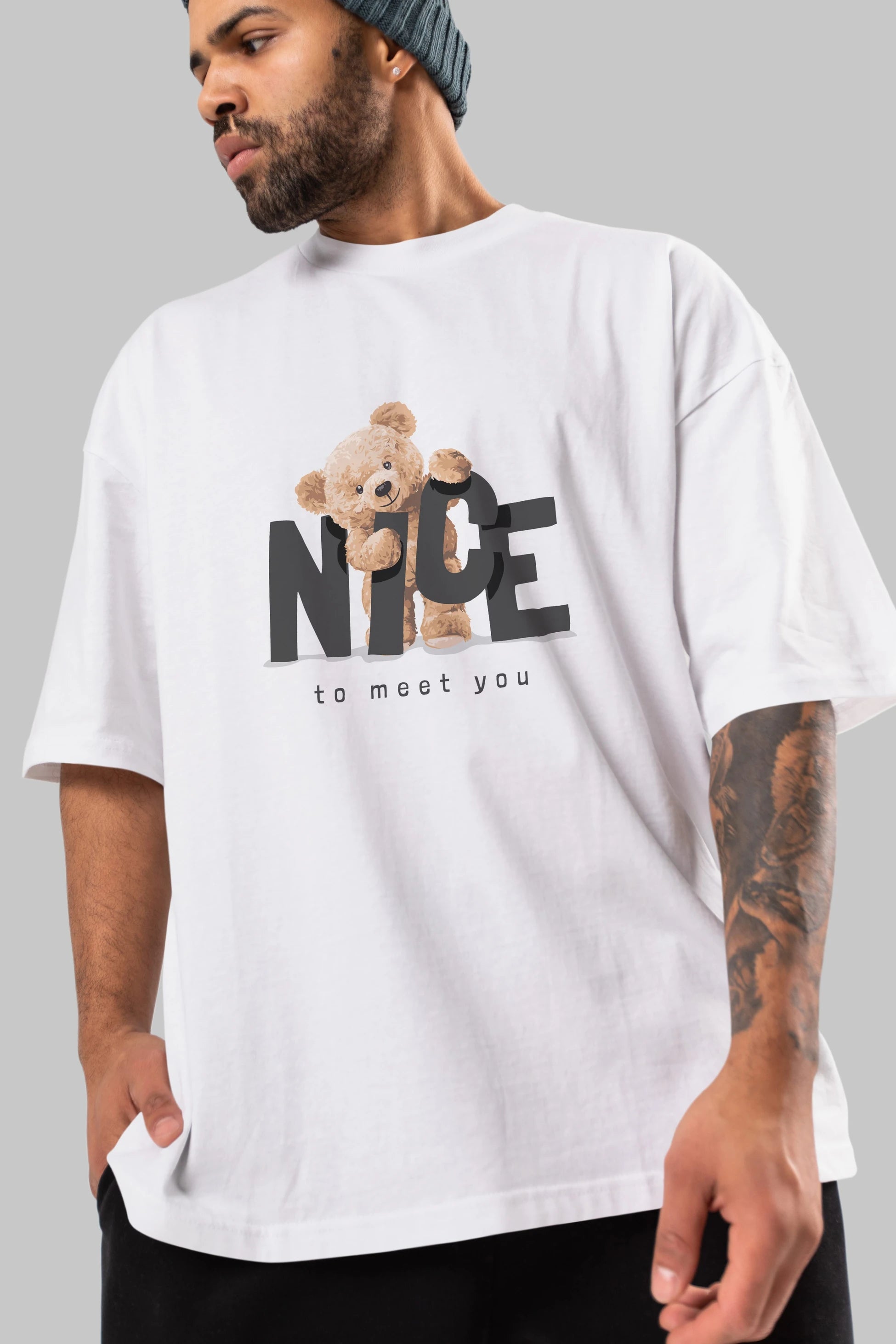 Teddy Nıce To Meet You Ön Baskılı Oversize t-shirt Erkek Kadın Unisex %100 Pamuk