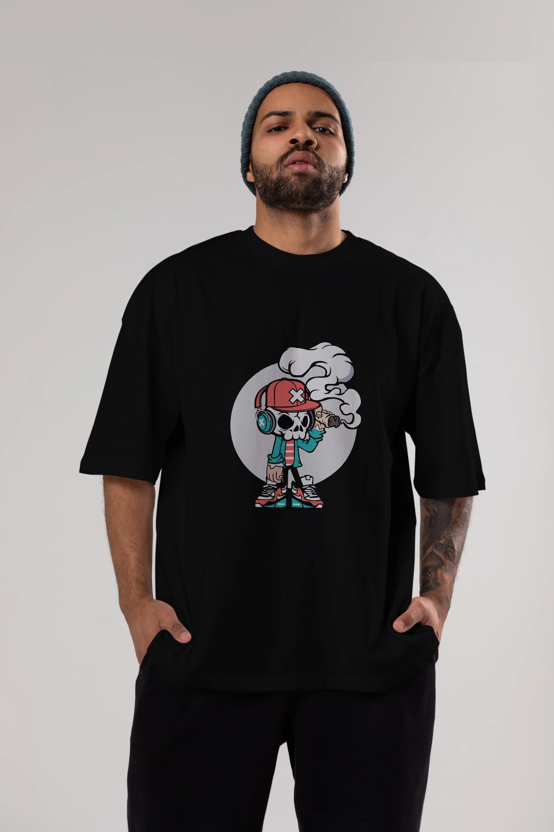Skull Headphone Ön Baskılı Oversize t-shirt Erkek Kadın Unisex %100 Pamuk tişort