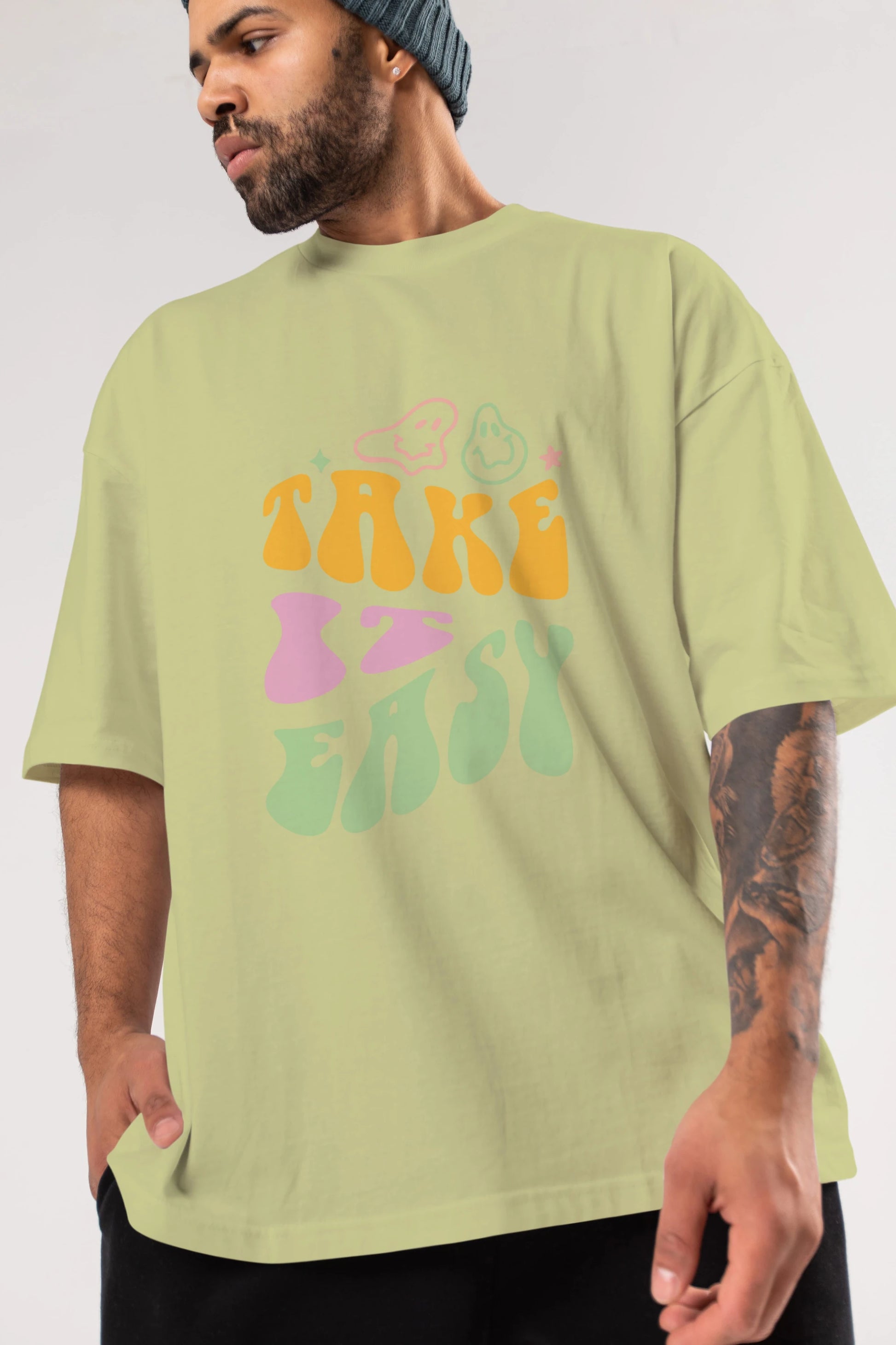 Take it Easy Yazılı Ön Baskılı Oversize t-shirt Erkek Kadın Unisex