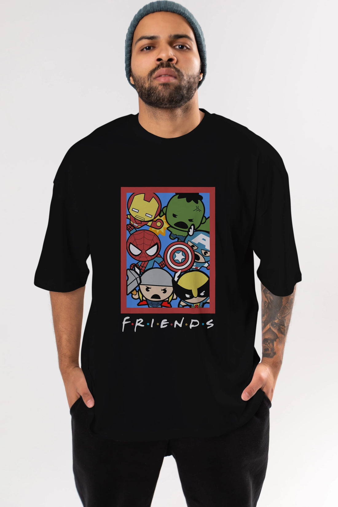 Friends Avenger Ön Baskılı Oversize t-shirt Erkek Kadın Unisex %100 Pamuk Bisiklet Yaka tişort