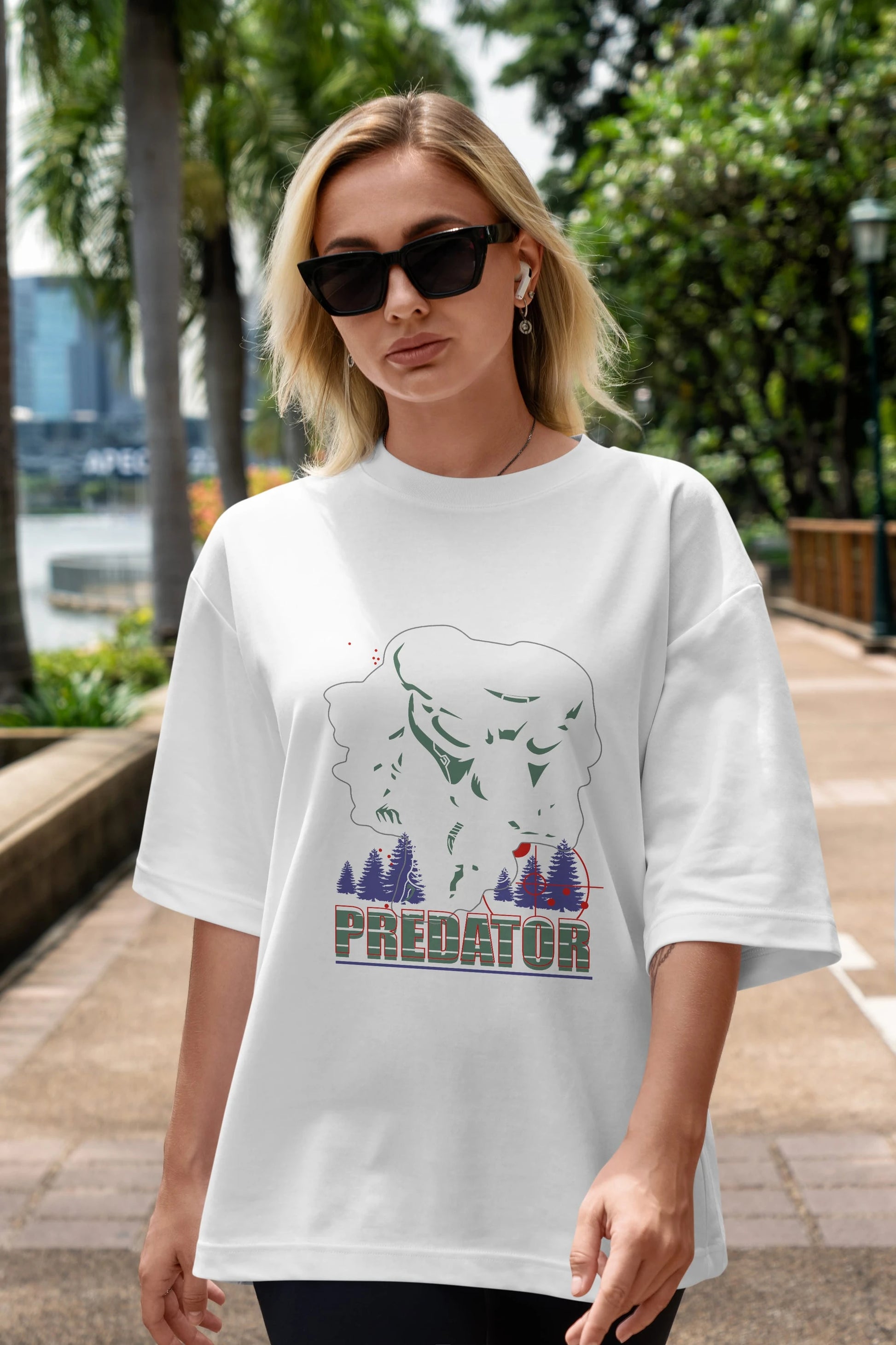 Predator Ön Baskılı Oversize t-shirt Erkek Kadın Unisex %100 Pamuk Bisiklet Yaka tişort