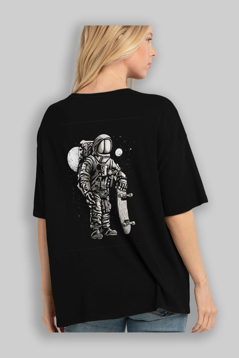 Astronaut Skater Arka Baskılı Oversize t-shirt Erkek Kadın Unisex %100 Pamuk