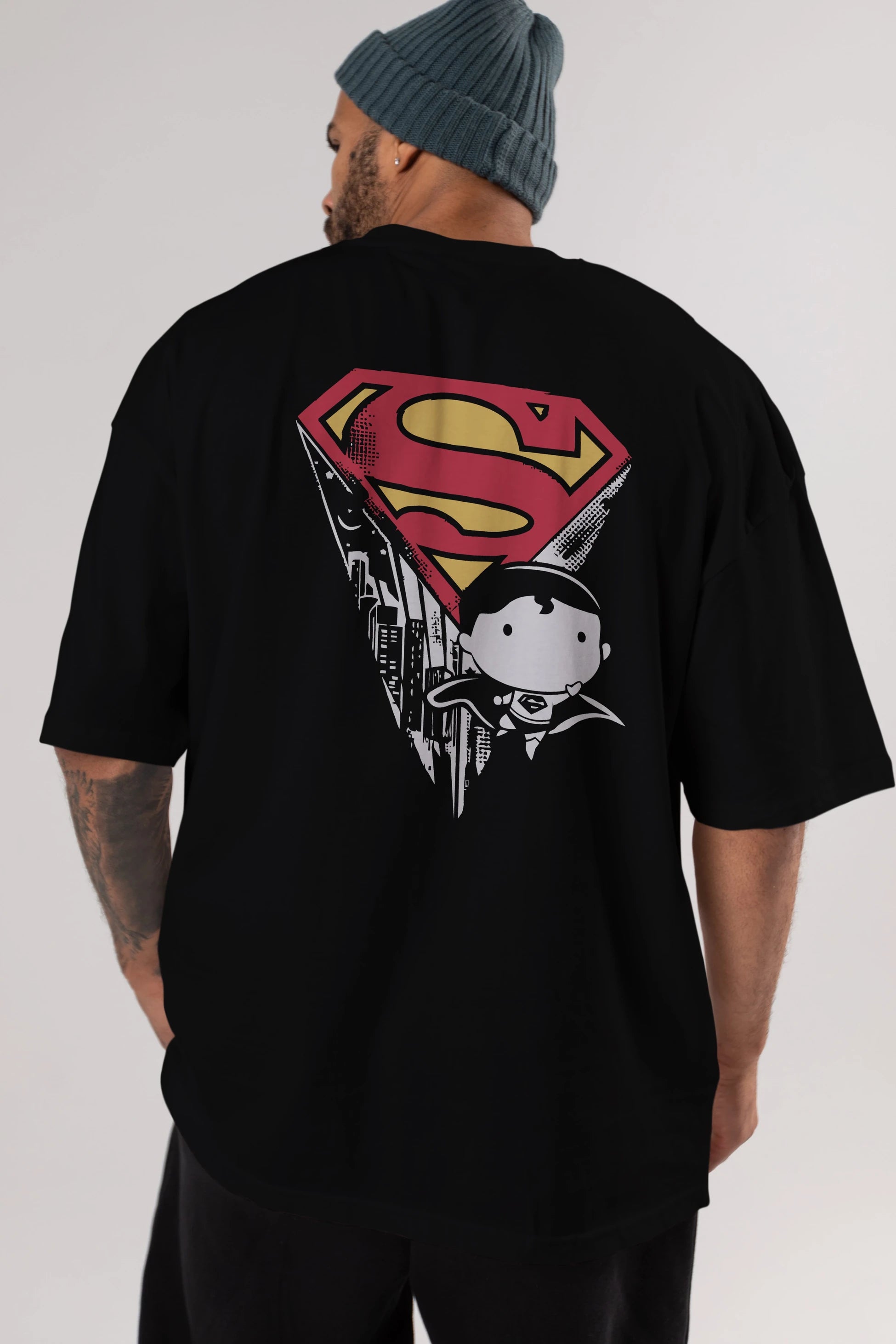 Superman Arka Baskılı Oversize t-shirt Erkek Kadın Unisex %100 Pamuk Bisiklet Yaka tişort