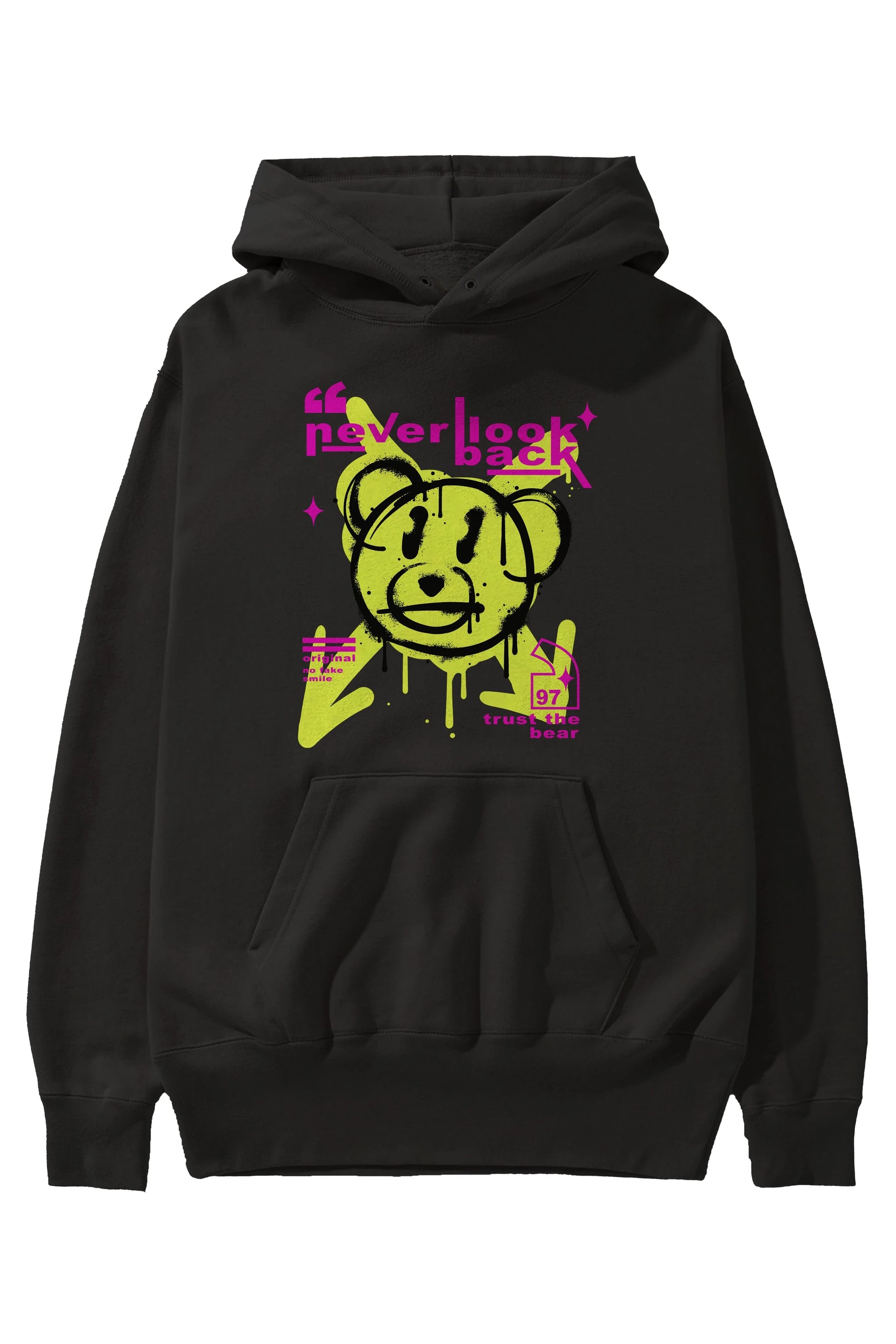 Never Look Back Bear Ön Baskılı Hoodie Oversize Kapüşonlu Sweatshirt Erkek Kadın Unisex