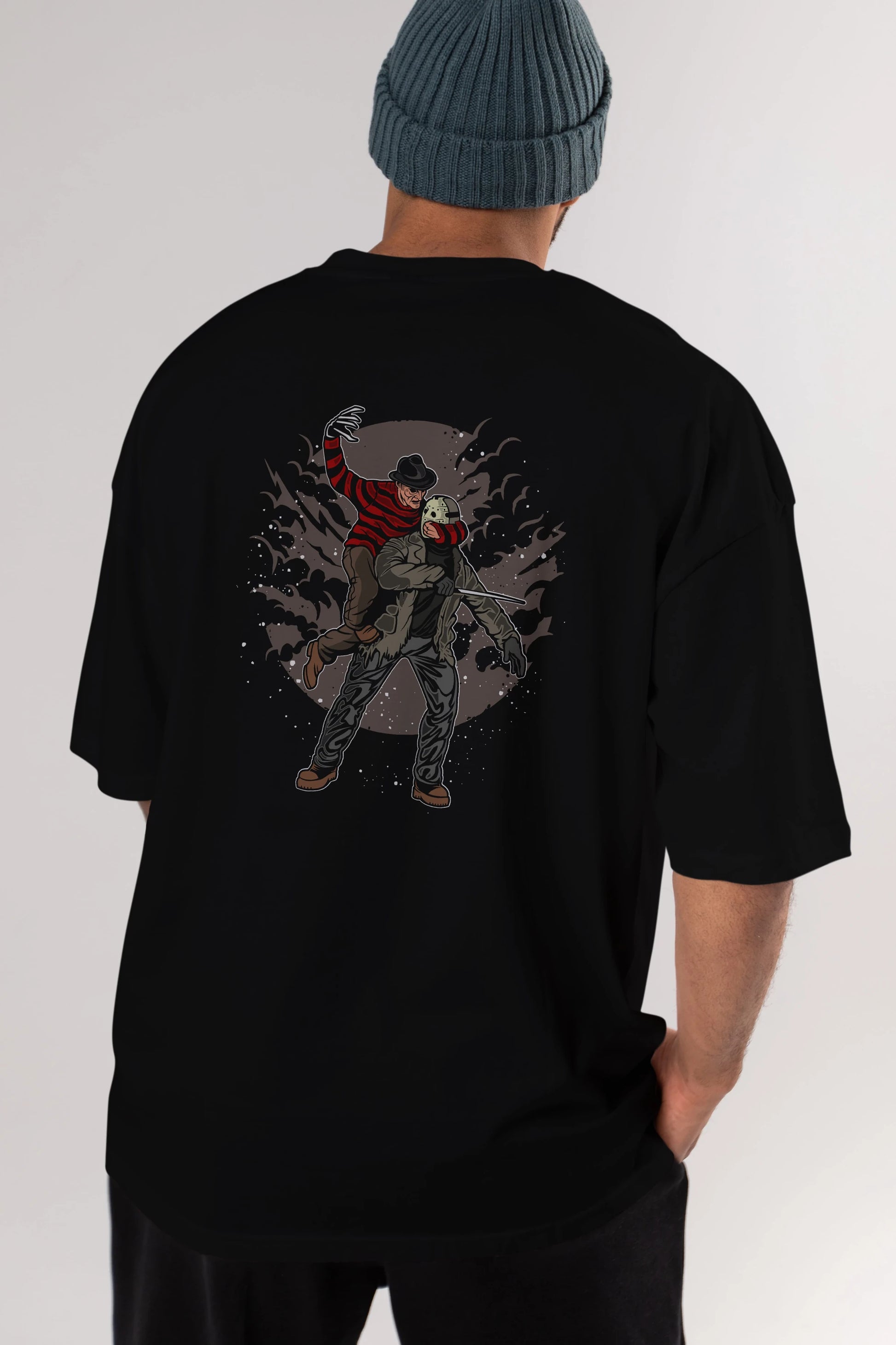 FREDDY VS JASON Arka Baskılı Oversize t-shirt Erkek Kadın Unisex %100 Pamuk