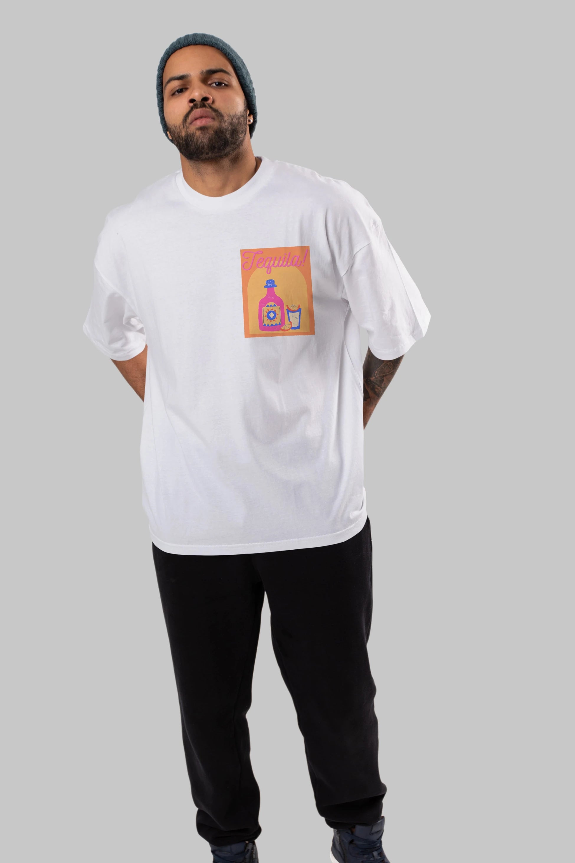 Tequila Ön Sol Baskılı Oversize t-shirt Erkek Kadın Unisex %100 Pamuk Bisiklet Yaka tişort