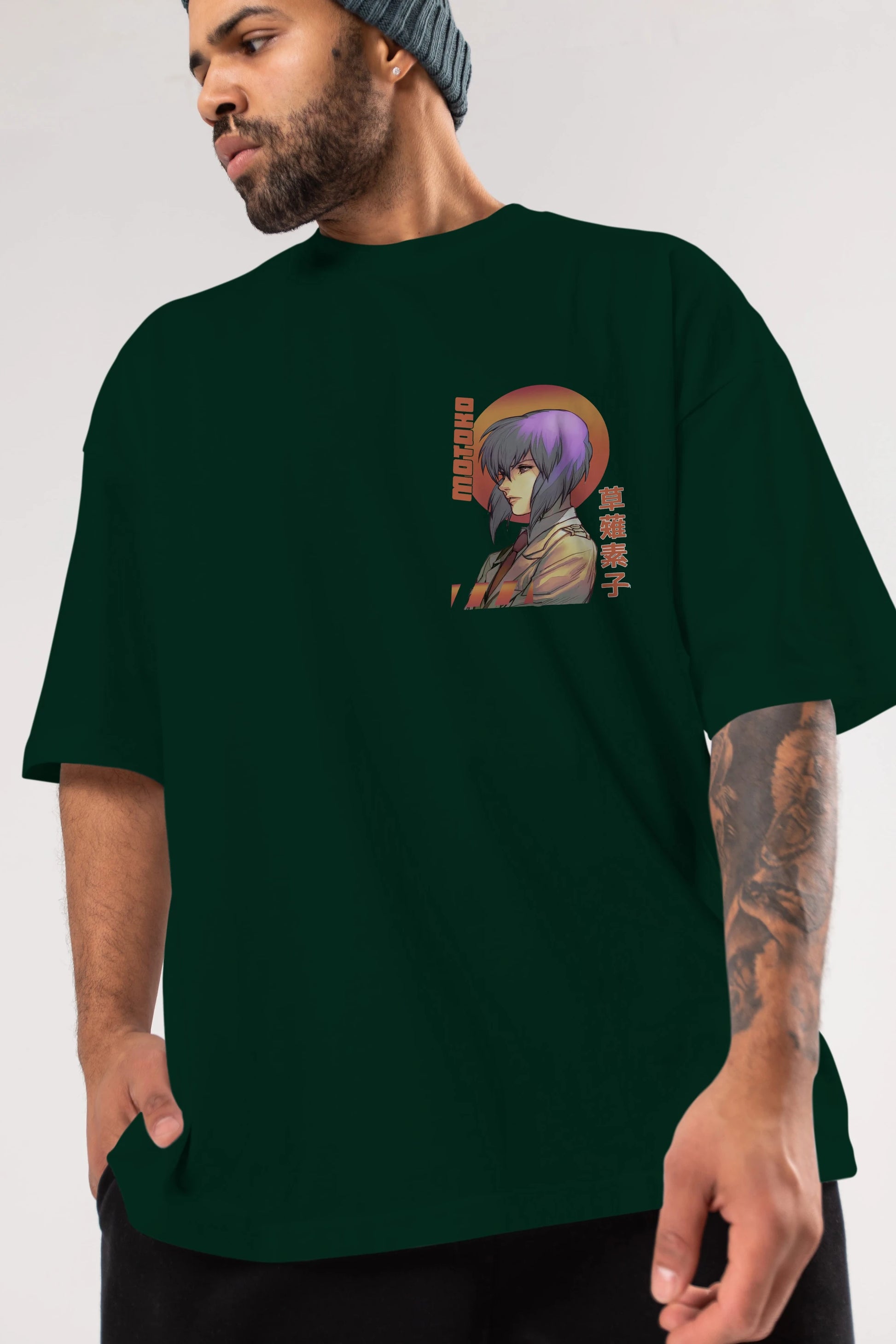Motoko Kusanagi 10 Ön Sol Baskılı Oversize t-shirt Erkek Kadın Unisex %100 Pamuk Bisiklet Yaka tişort