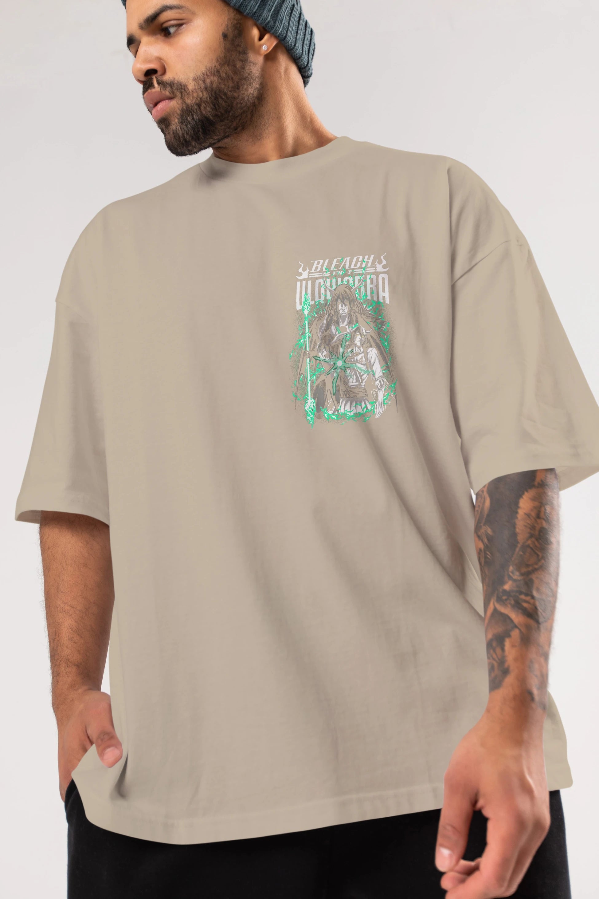 BLEACH(ULQUIARRA) Ön Sol Baskılı Oversize t-shirt Erkek Kadın Unisex %100 Pamuk Bisiklet Yaka tişort