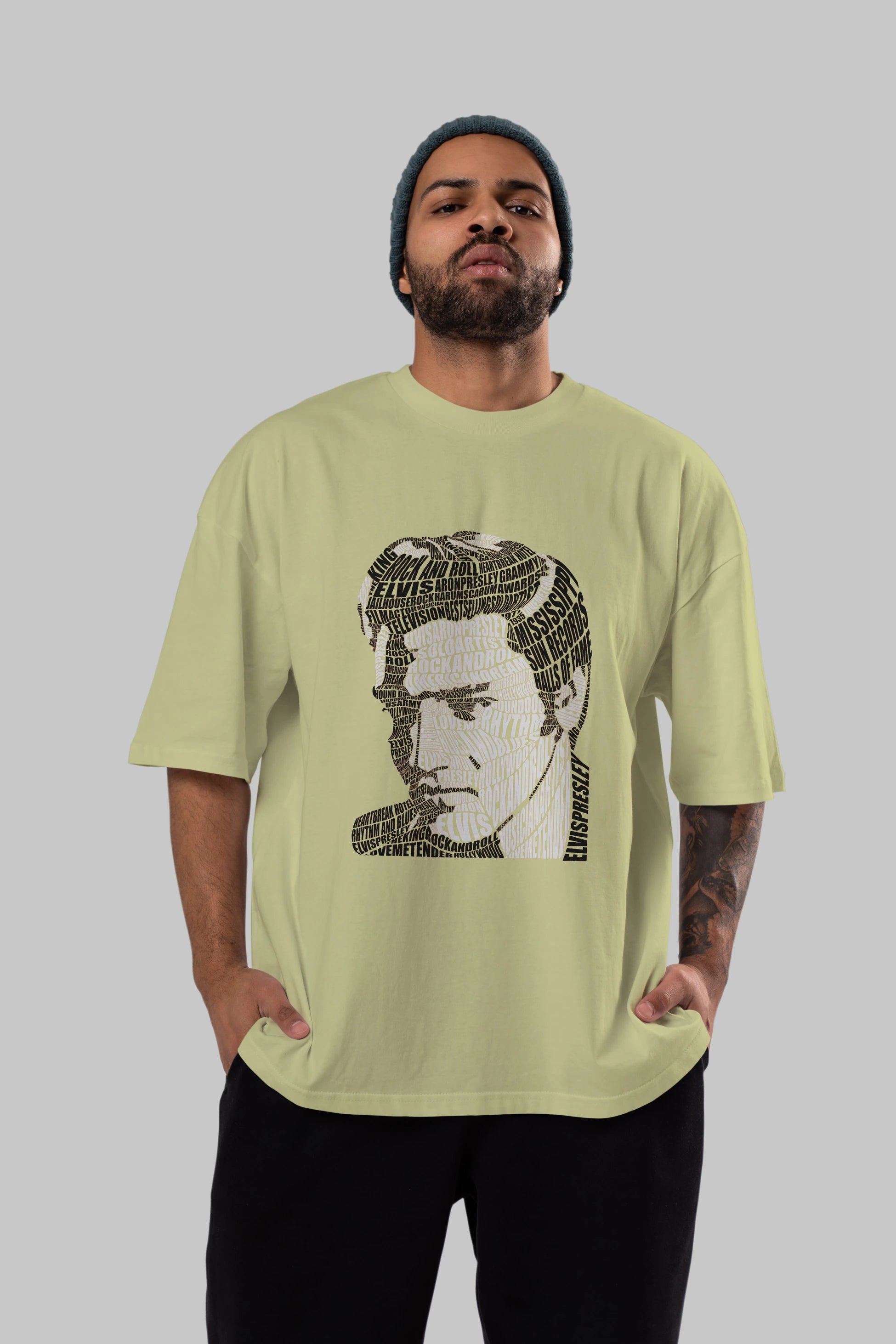 Elvis Presley Calligram Ön Baskılı Oversize t-shirt %100 pamuk Erkek Kadın Unisex