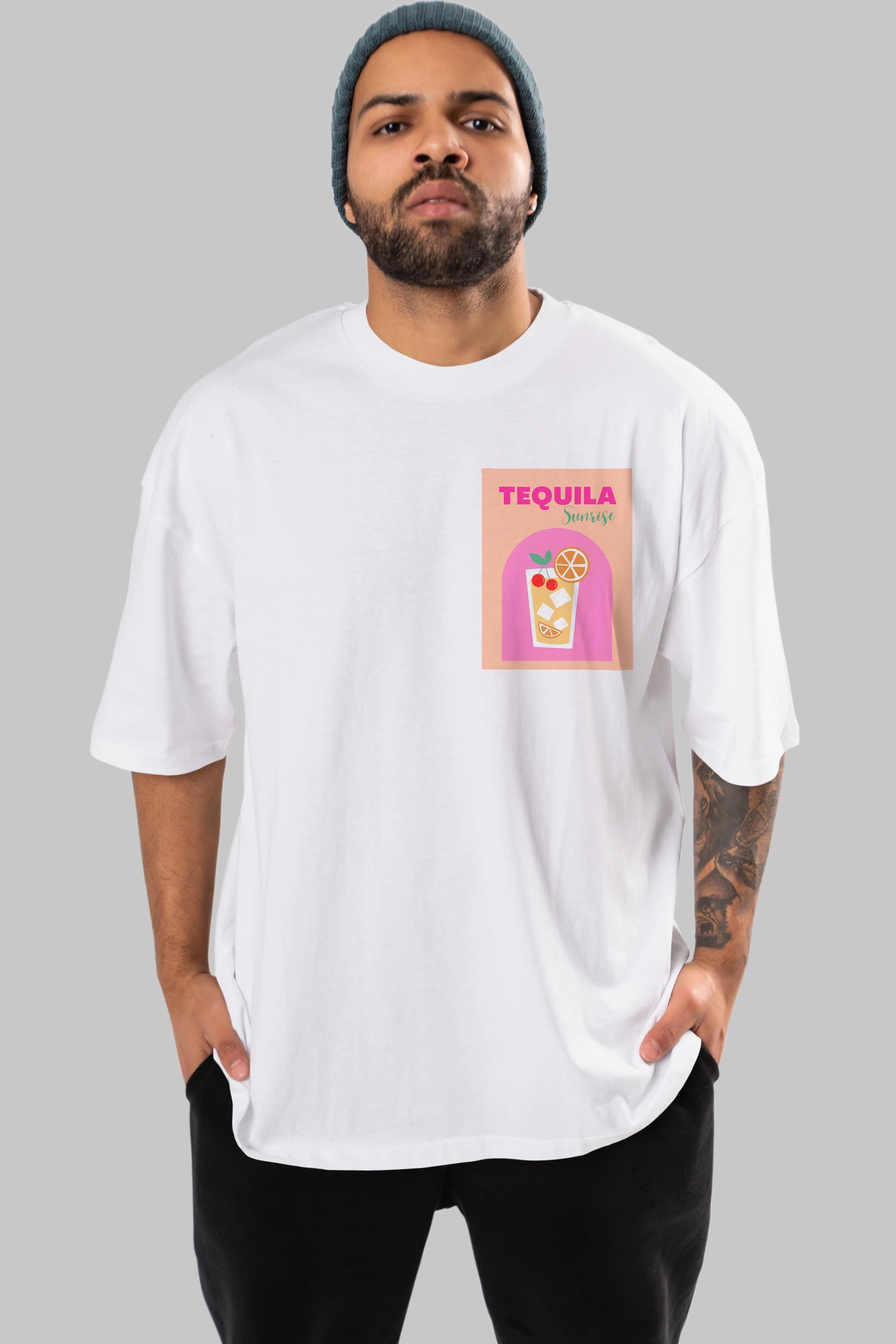 Tequila Sunrise 2 Ön Sol Baskılı Oversize t-shirt Erkek Kadın Unisex %100 Pamuk Bisiklet Yaka tişort