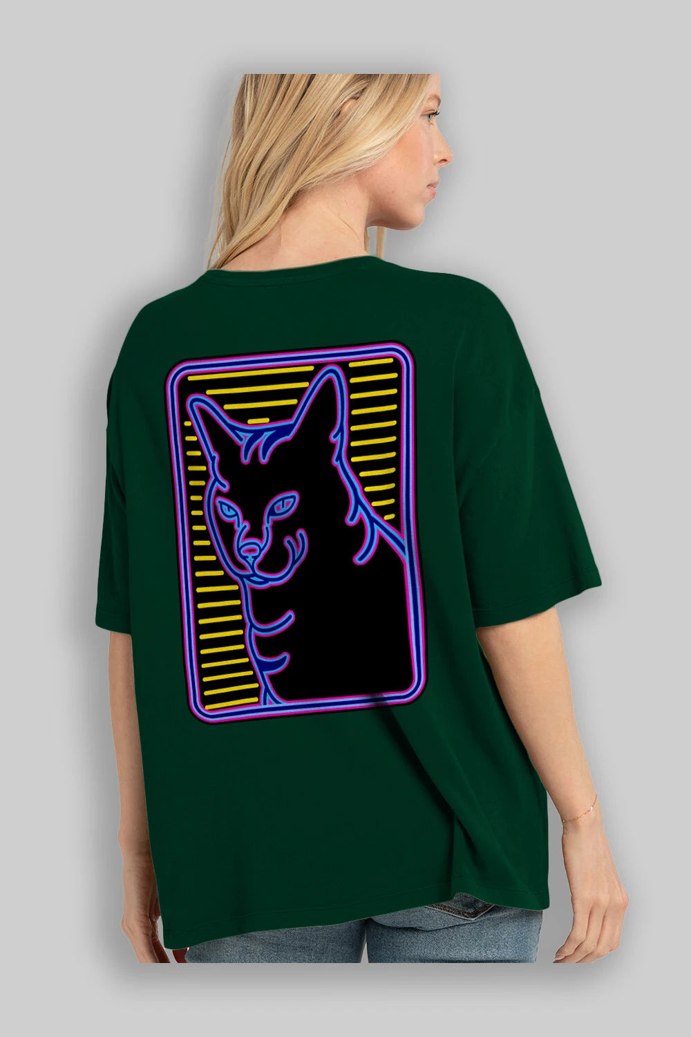 Neon Cat Arka Baskılı Oversize t-shirt Erkek Kadın Unisex
