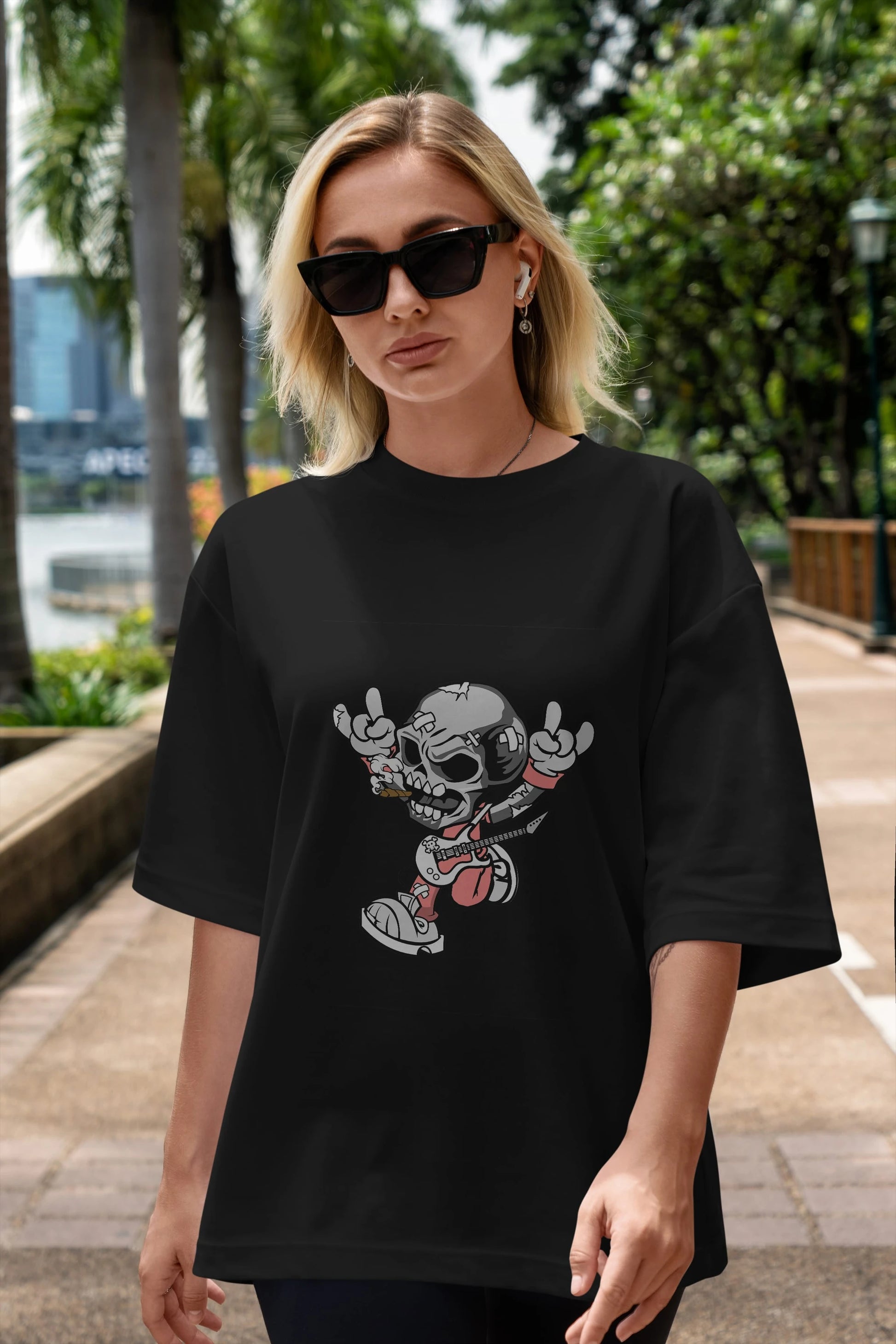 Skull Metal Sign Ön Baskılı Oversize t-shirt Erkek Kadın Unisex %100 Pamuk tişort