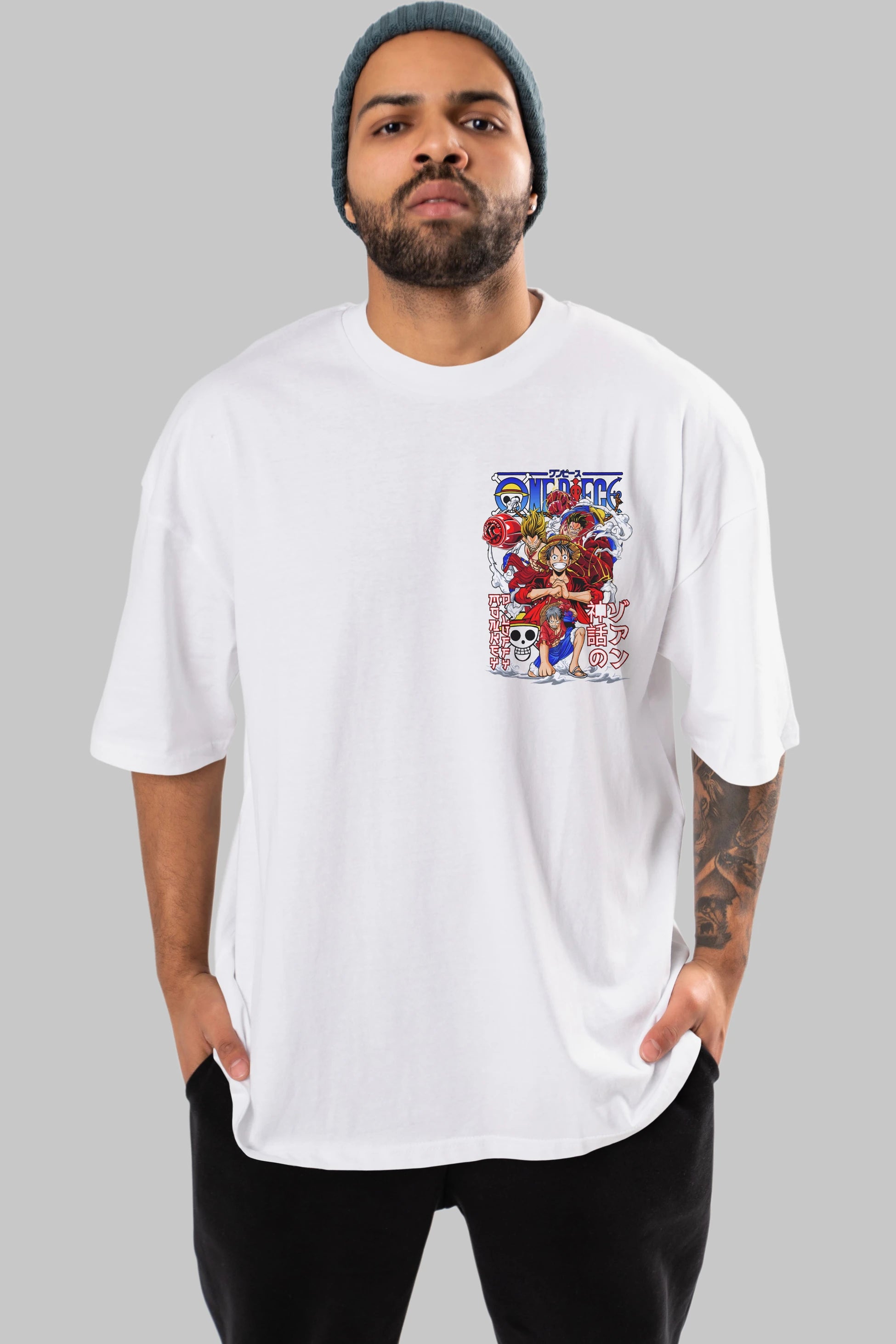 MONKEY D. LUFF-ONE PIECE 2 Ön Sol Baskılı Oversize t-shirt Erkek Kadın Unisex %100 Pamuk Bisiklet Yaka tişort