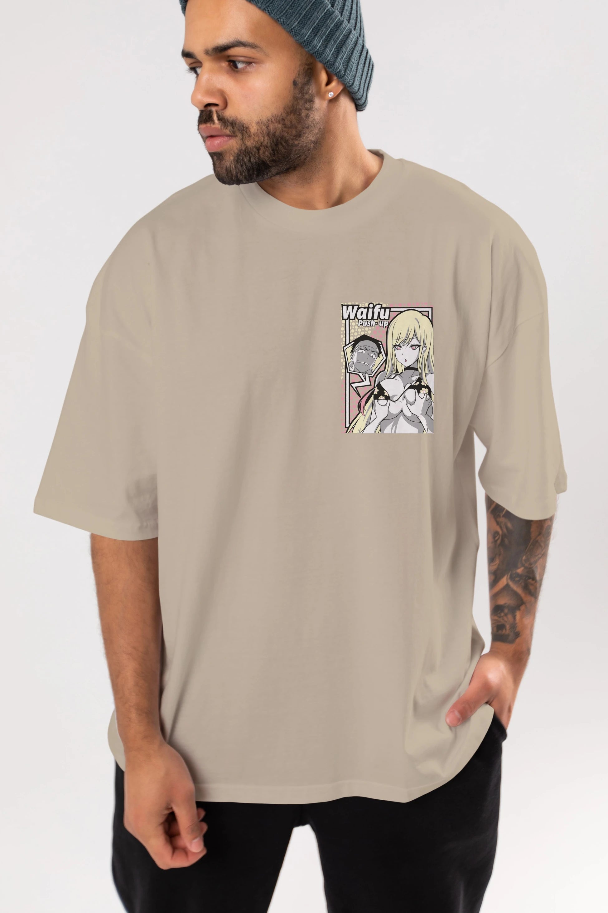 Waifu PushUp Ön Sol Baskılı Oversize t-shirt Erkek Kadın Unisex %100 Pamuk Bisiklet Yaka tişort