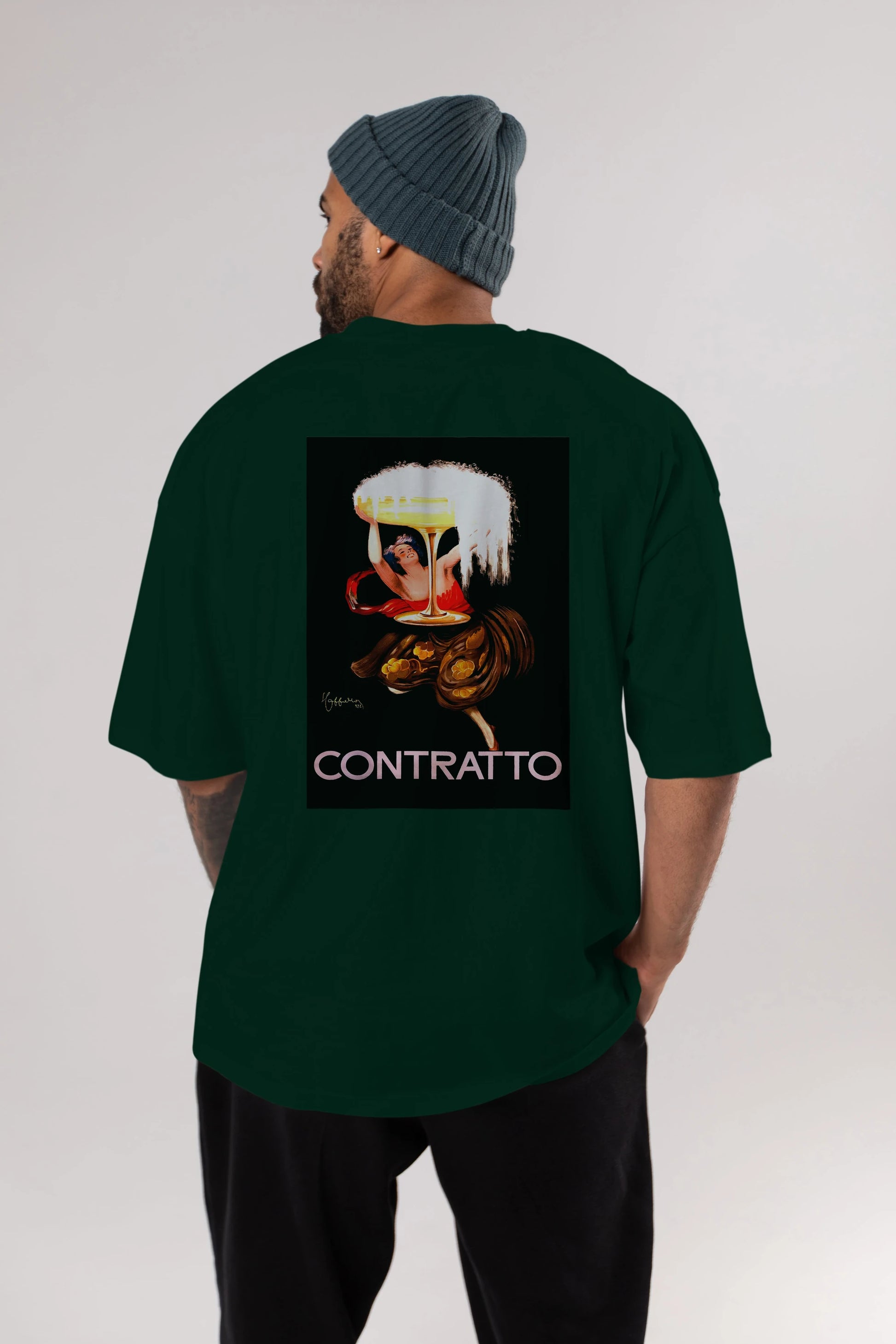 Contratto Arka Baskılı Oversize t-shirt Erkek Kadın Unisex %100 Pamuk Bisiklet Yaka tişort