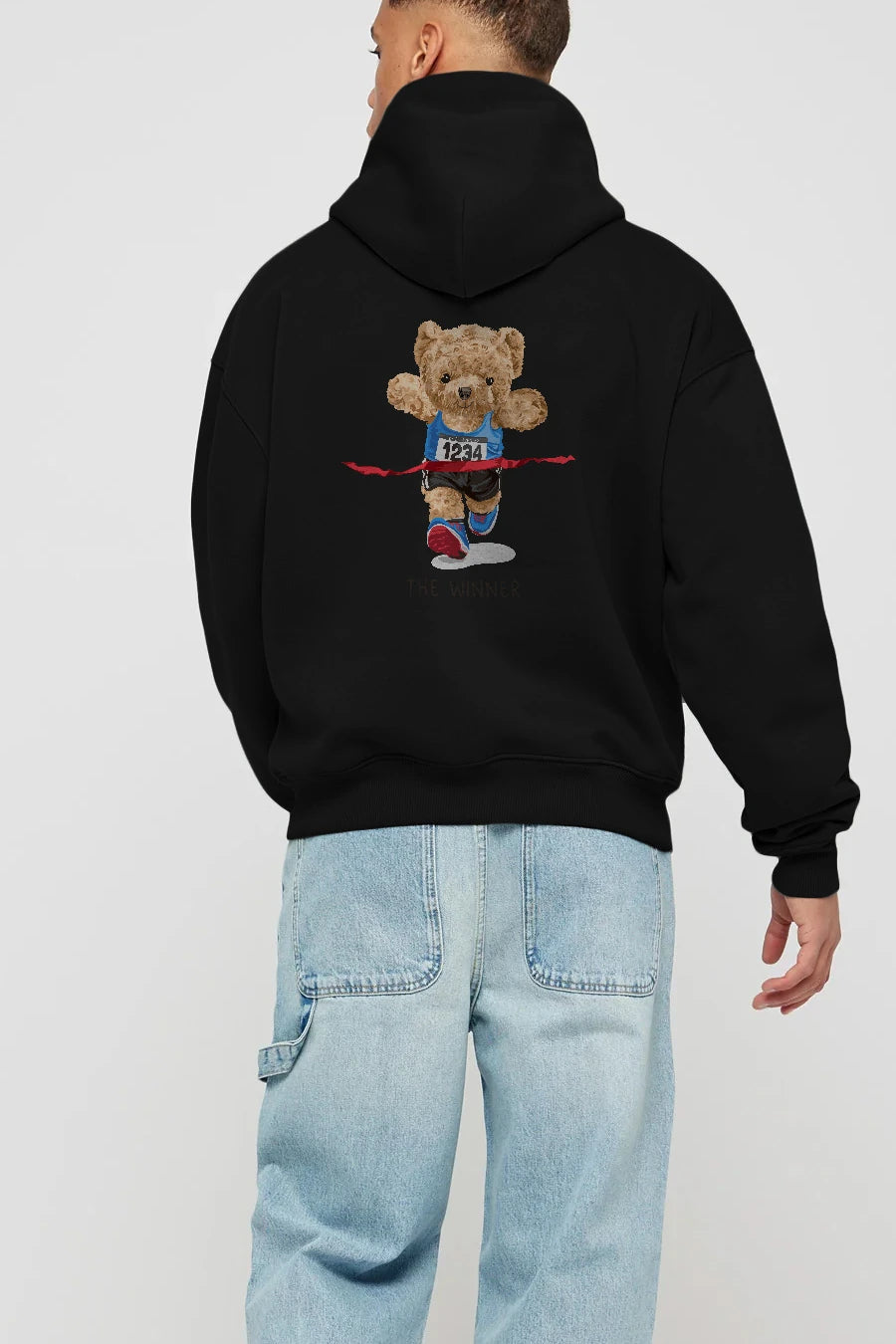 Teddy Bear The Winner Arka Baskılı Hoodie Oversize Kapüşonlu Sweatshirt Erkek Kadın Unisex