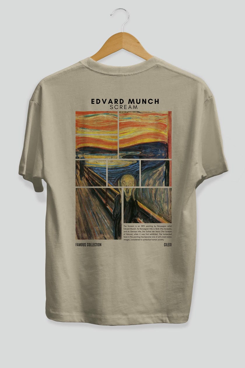 Edvard Munch Scream Arka Baskılı Oversize t-shirt Erkek Kadın Bisiklet Yaka Pamuk tişort