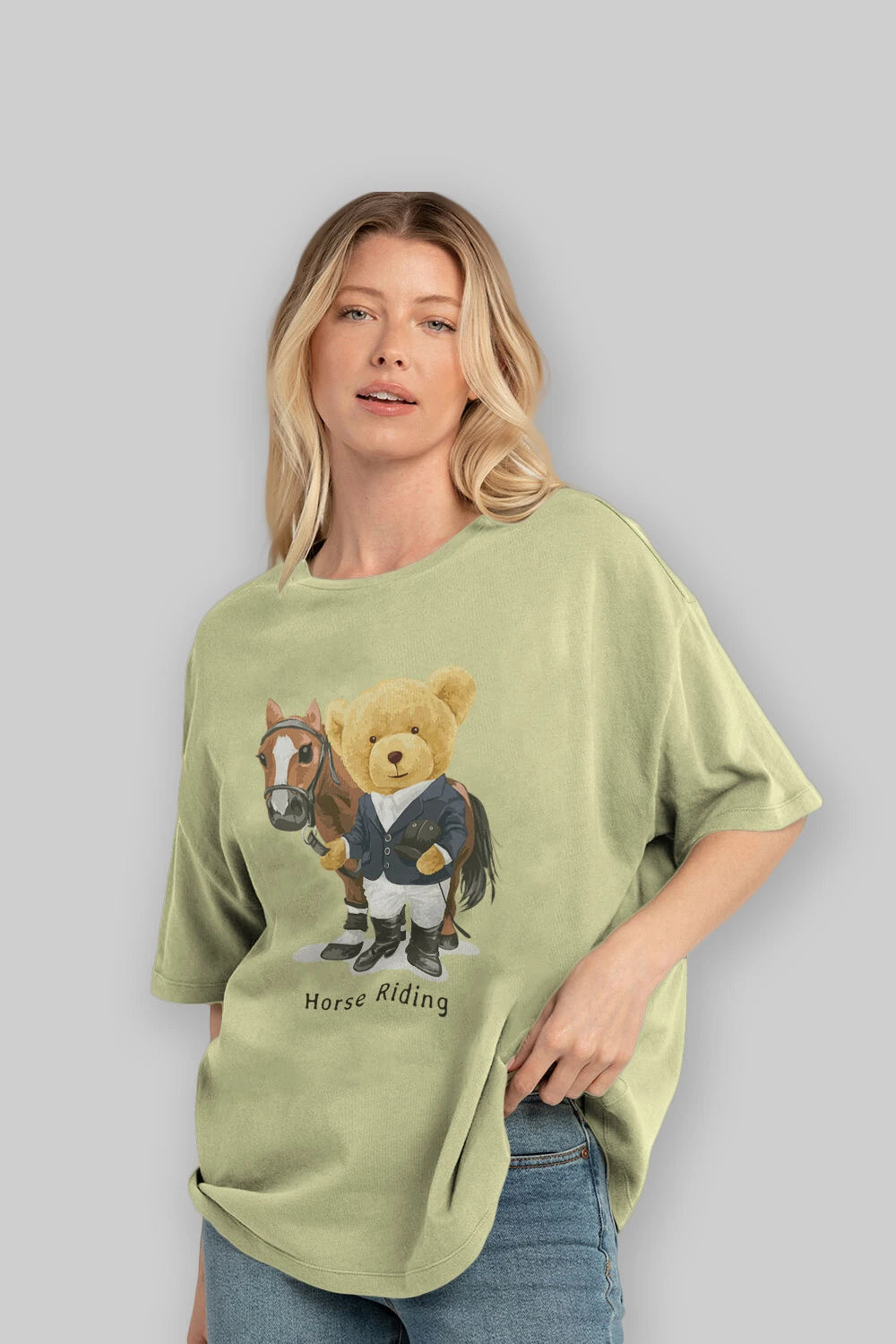 Teddy Bear Horse Riding Ön Baskılı Oversize t-shirt Erkek Kadın Unisex %100 Pamuk