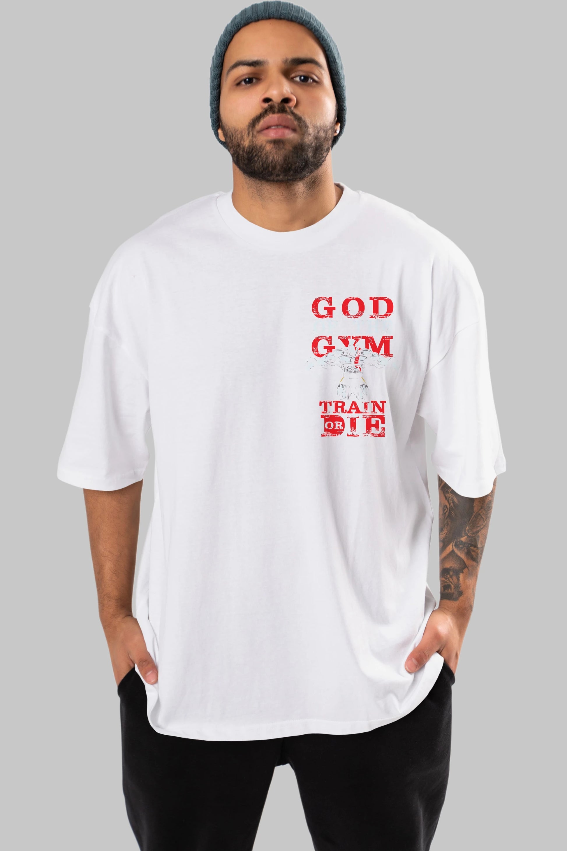 God of The GYM Ön Sol Baskılı Oversize t-shirt Erkek Kadın Unisex %100 Pamuk Bisiklet Yaka tişort