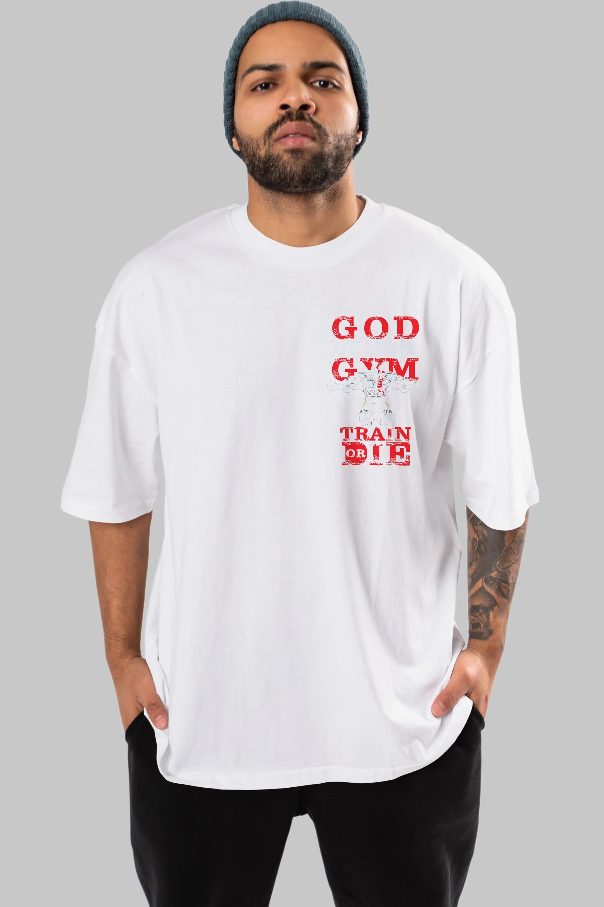 God of The GYM Ön Sol Baskılı Oversize t-shirt Erkek Kadın Unisex %100 Pamuk Bisiklet Yaka tişort