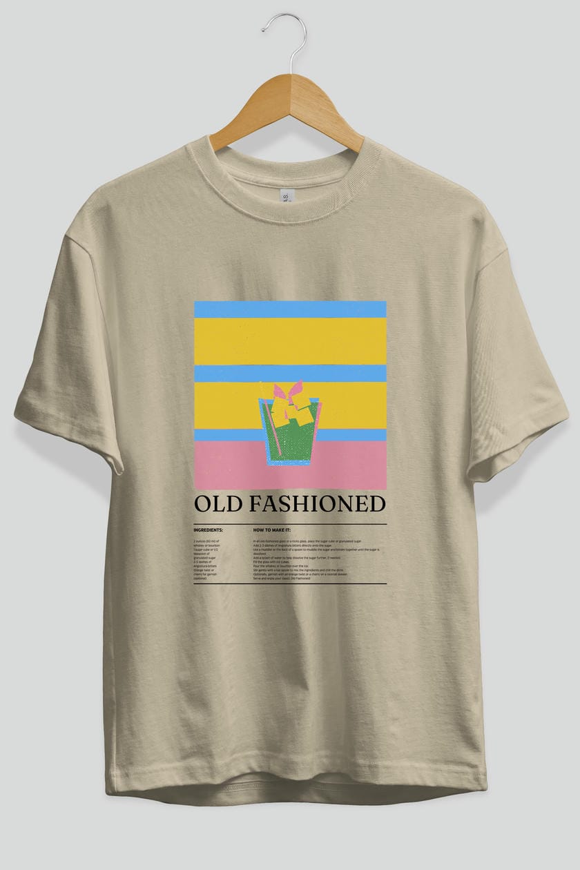 Old Fashioned Kokteyl Ön Baskılı Oversize t-shirt Erkek Kadın %100 Pamuk Bisiklet Yaka tişort