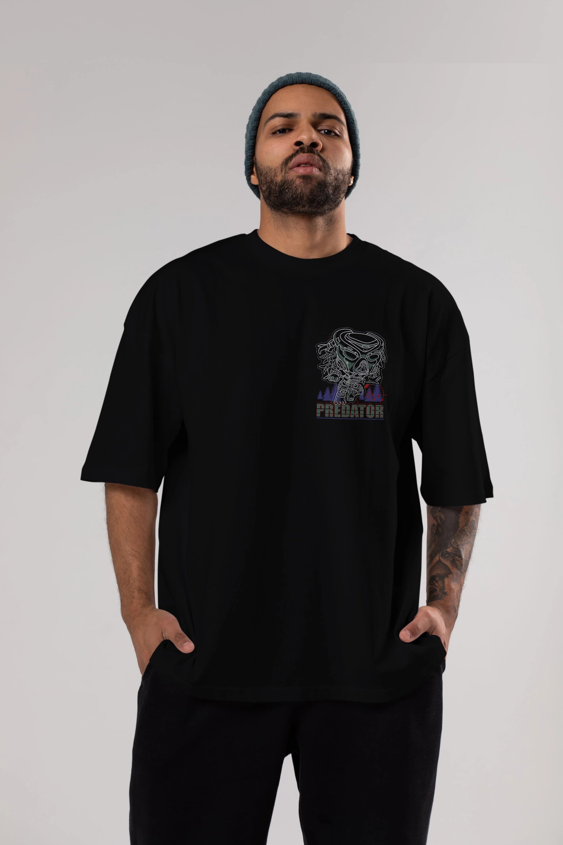 Predator Ön Sol Baskılı Oversize t-shirt Erkek Kadın Unisex %100 Pamuk Bisiklet Yaka tişort