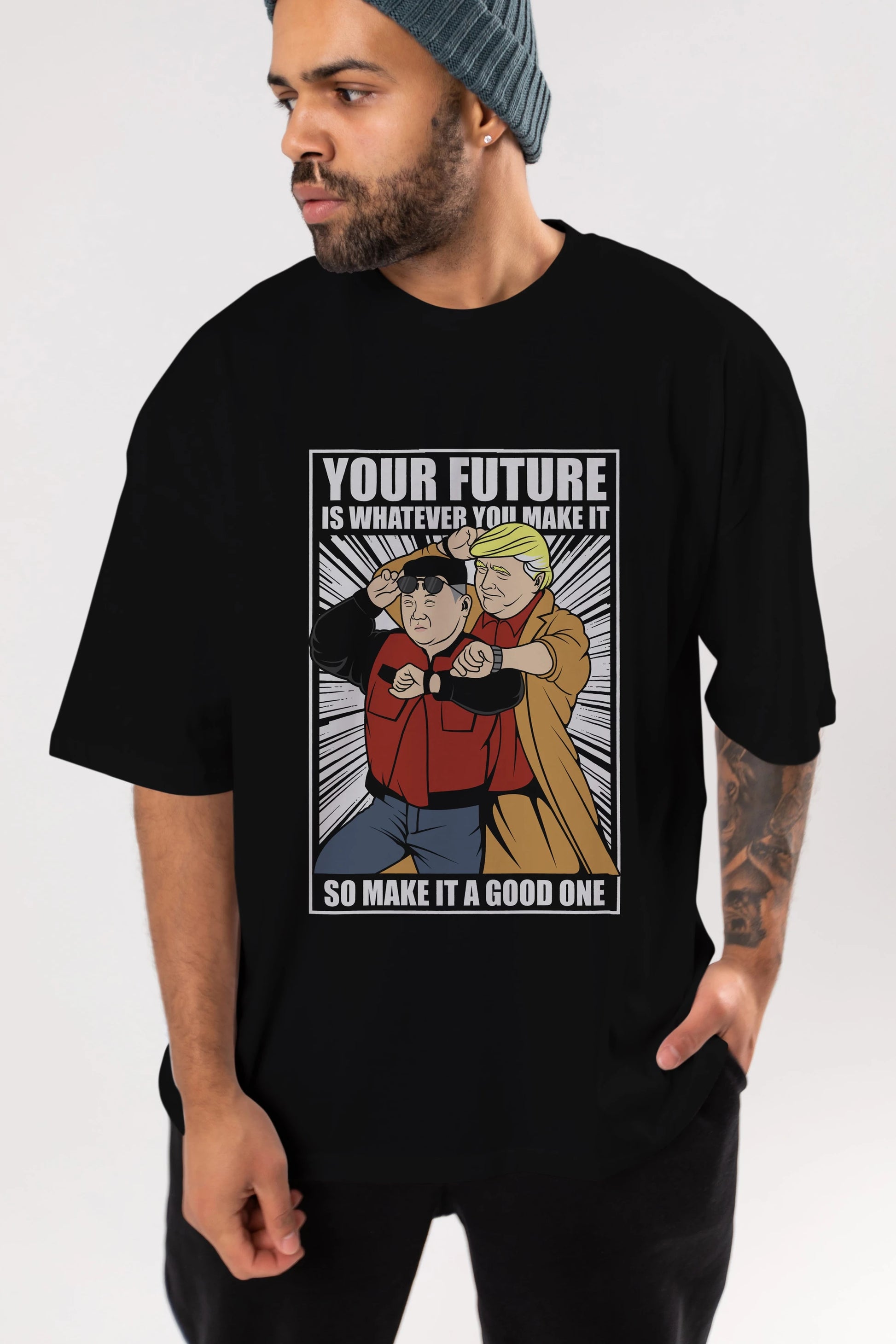 Back To The Future Jong Un Trump Ön Baskılı Oversize t-shirt Erkek Kadın Unisex %100 Pamuk tişort