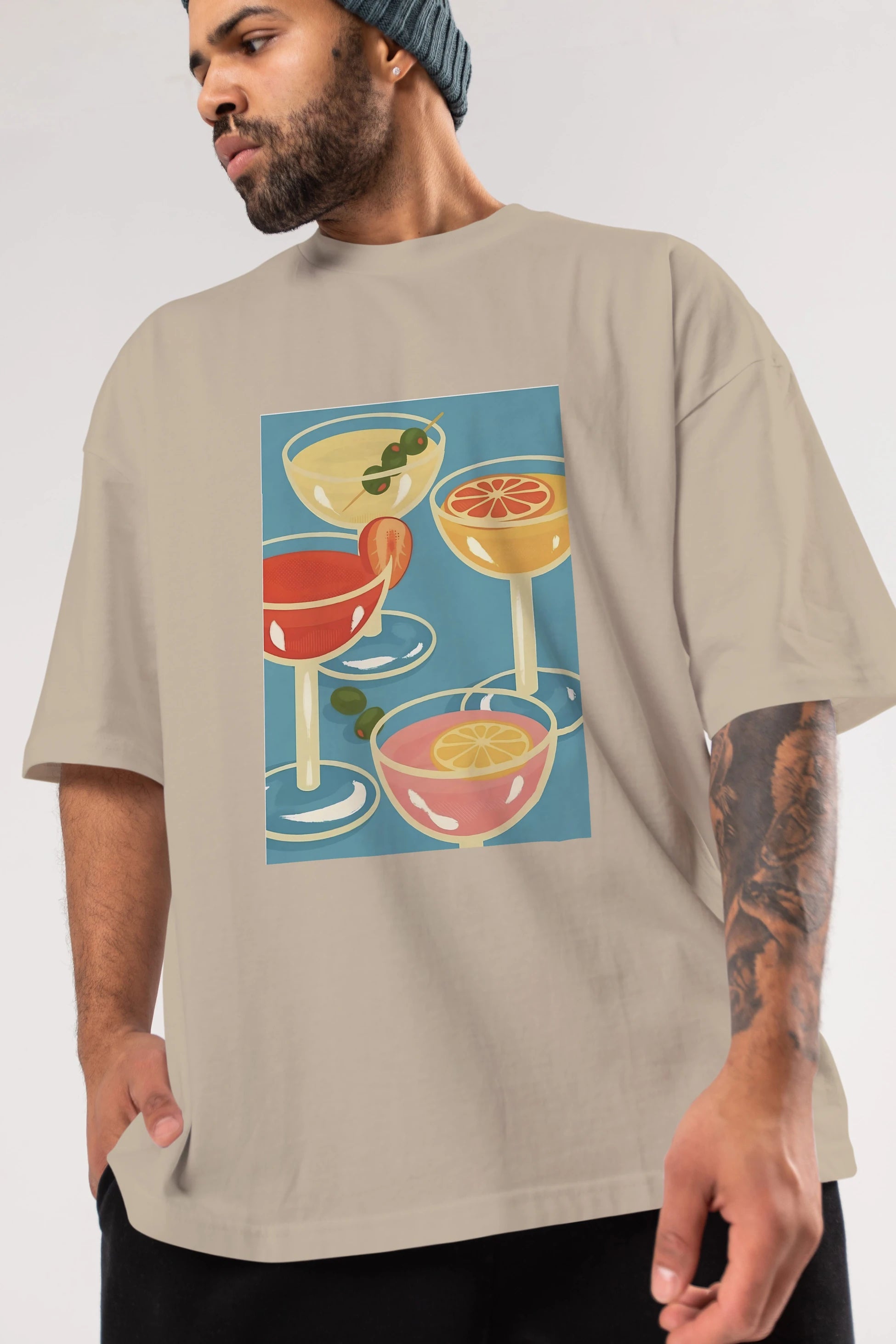 Cocktails Ön Baskılı Oversize t-shirt Erkek Kadın Unisex %100 Pamuk Bisiklet Yaka tişort