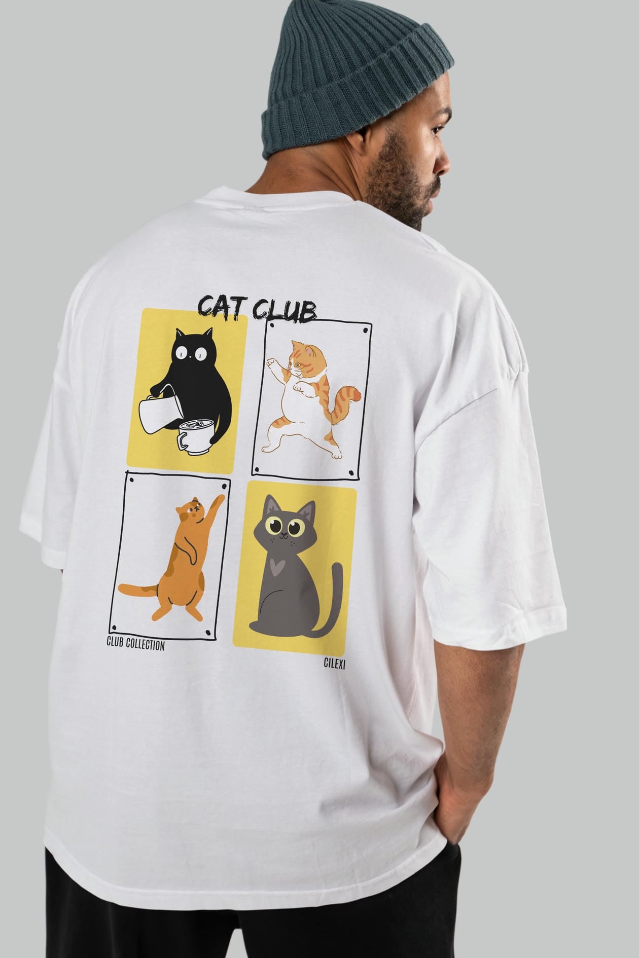 Cat Club Arka Baskılı Oversize t-shirt Erkek Kadın %100 Pamuk Bisiklet Yaka tişort