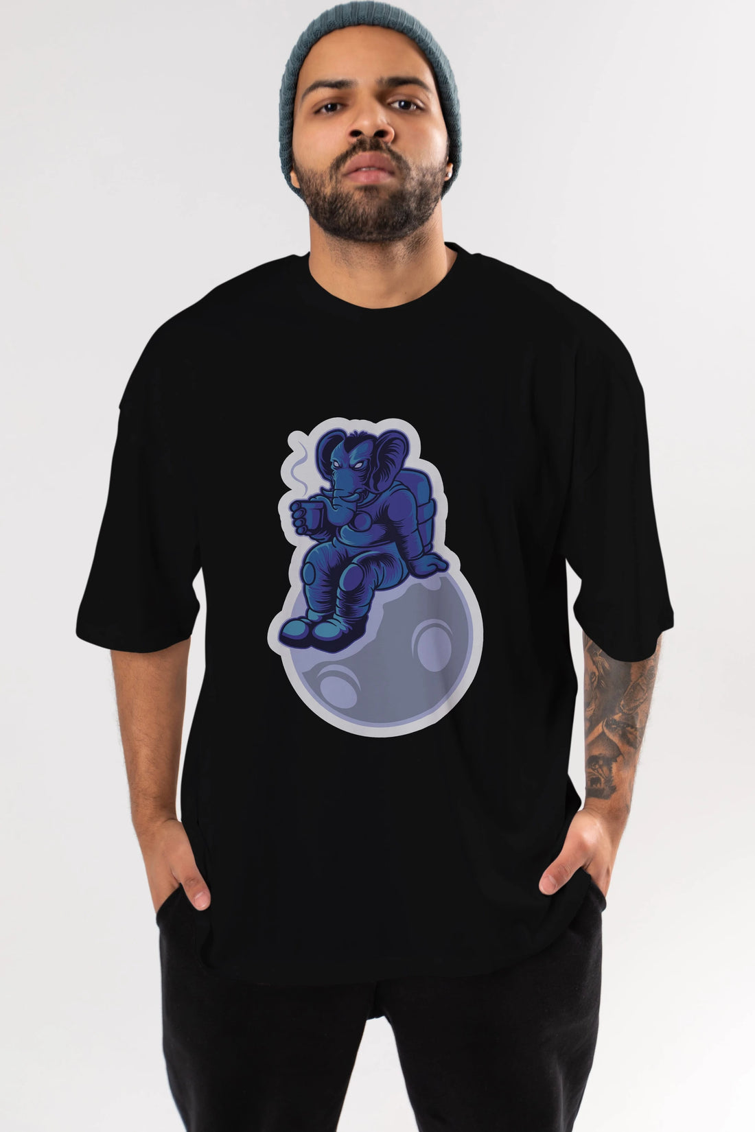 Space Elephant Drink Coffee Sticker Ön Baskılı Oversize t-shirt Erkek Kadın Unisex